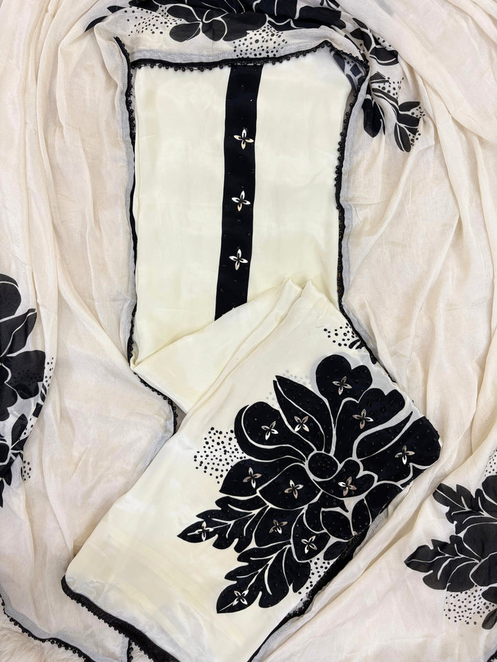 Zoya-e-Zehra: Ivory Black Appliqué Suit with Chic Motifs & Contrast Dupatta