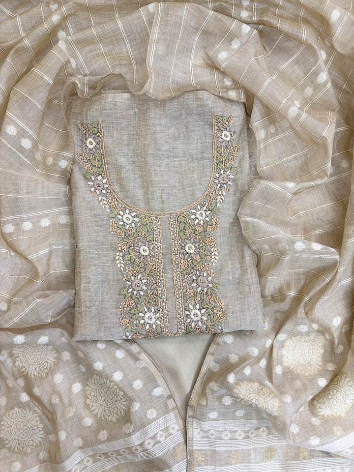 Noor-e-Jaamdani: Taupe Embroidered Suit with Handwoven Jaamdani Dupatta