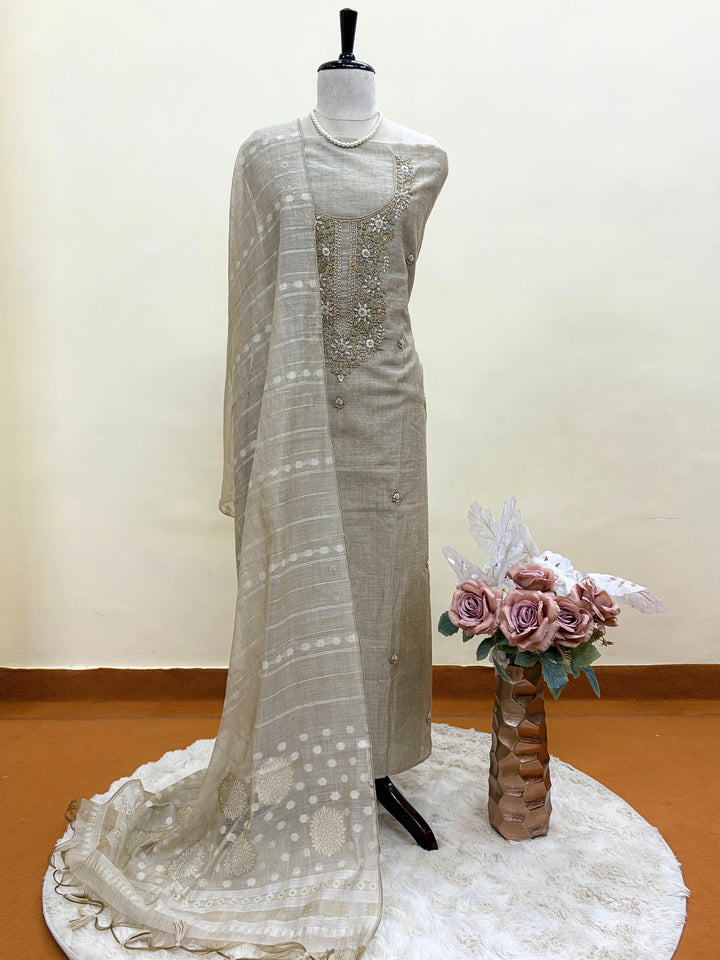 Noor-e-Jaamdani: Taupe Embroidered Suit with Handwoven Jaamdani Dupatta