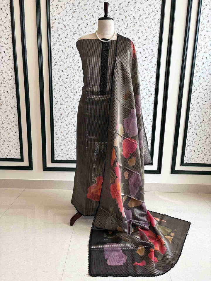 Soft Organza unstitched suit with neck patti design - The Zareesh