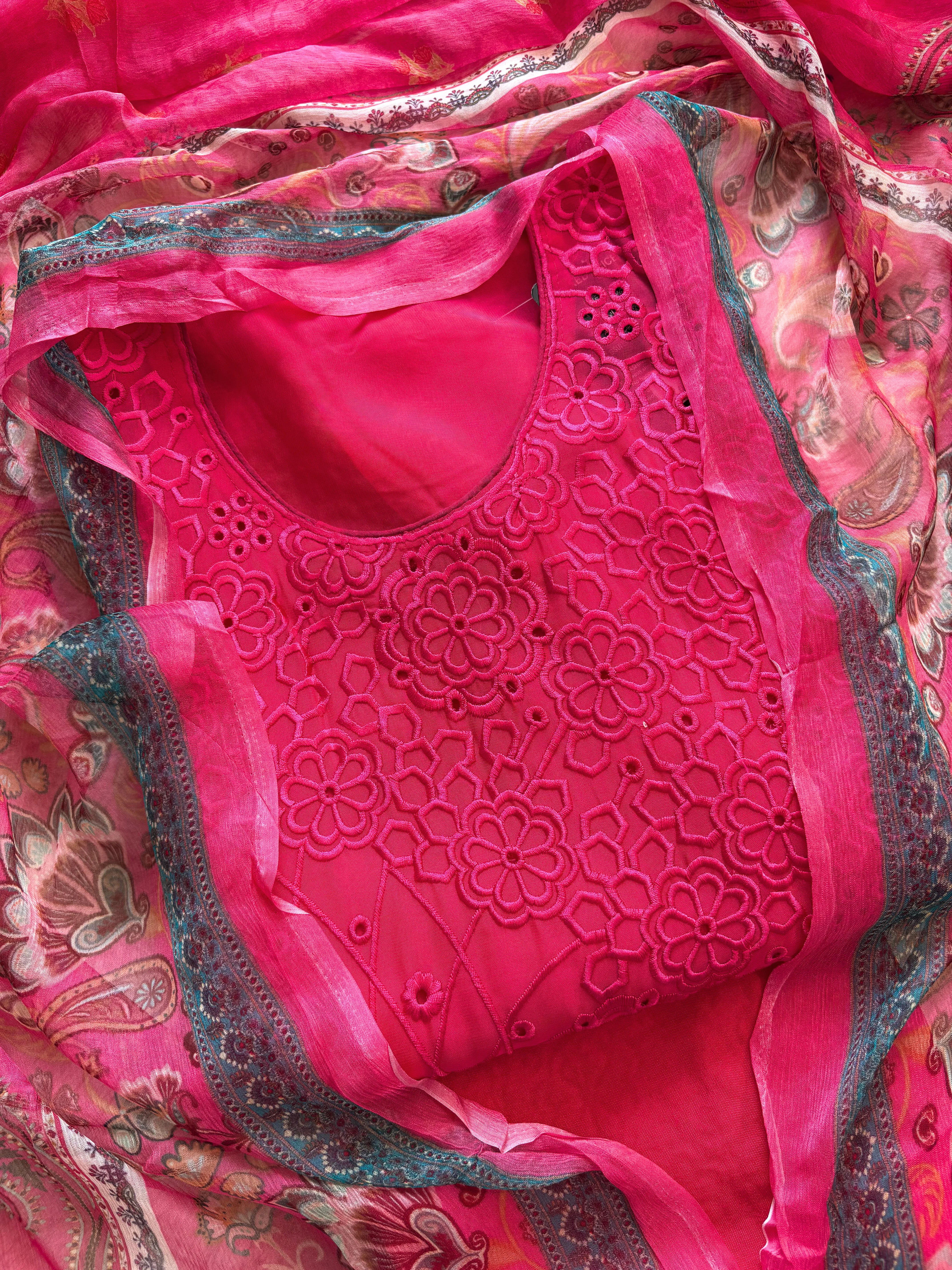 Pink Organza unstitched suit with kashida work - The Zareesh