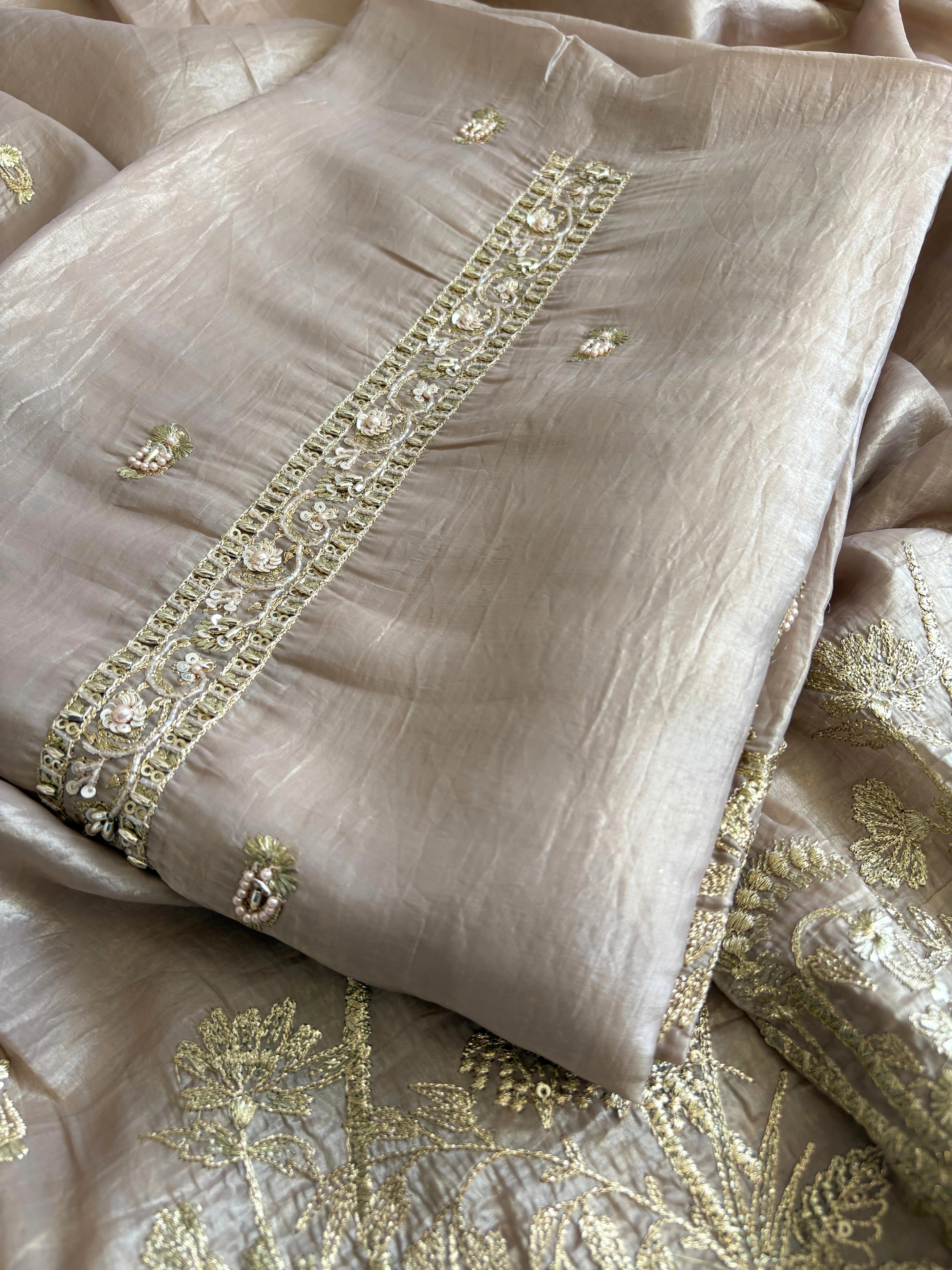 Nude Mauve Tissue Suit with Zari Embroidery & Tissue Dupatta
