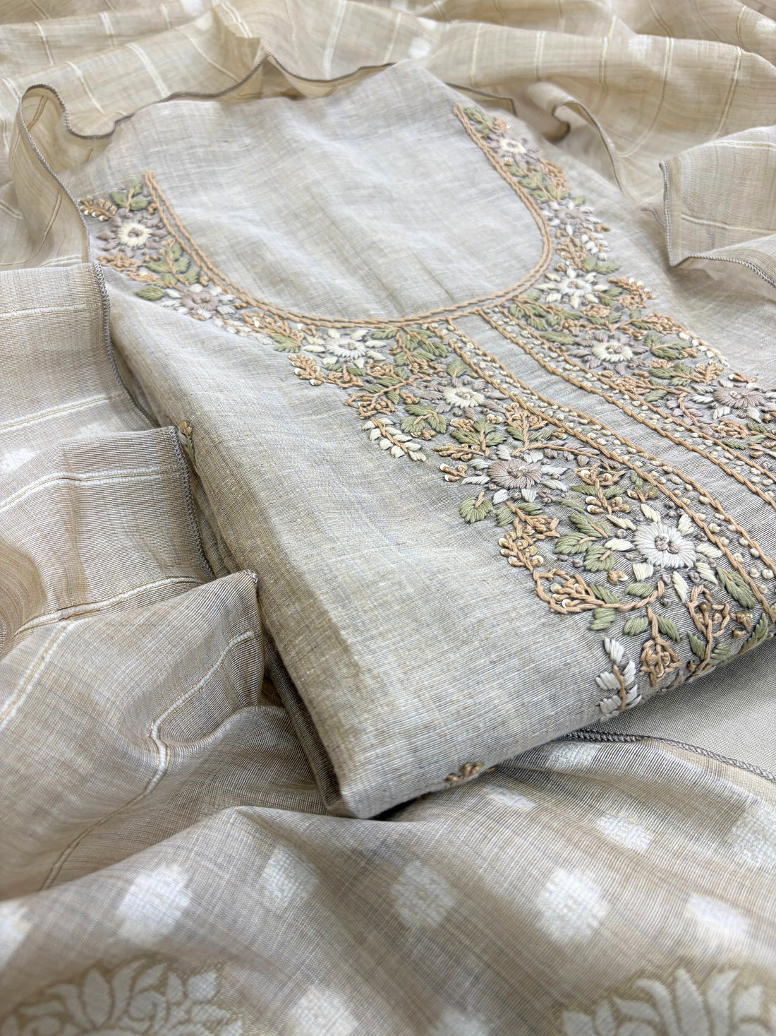 Noor-e-Jaamdani: Taupe Embroidered Suit with Handwoven Jaamdani Dupatta