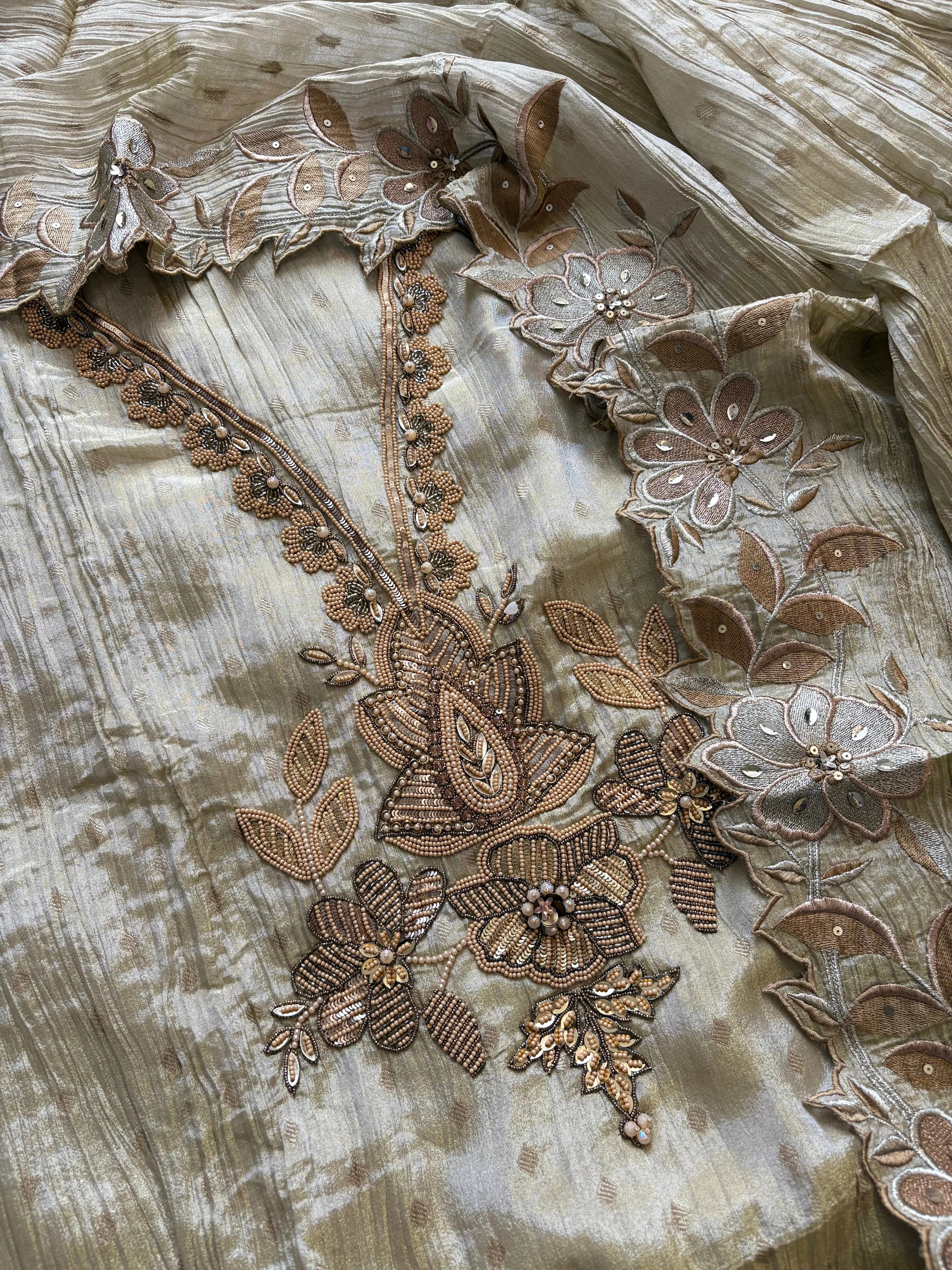 Shimmer tissue golden party wear unstitched suit - The Zareesh