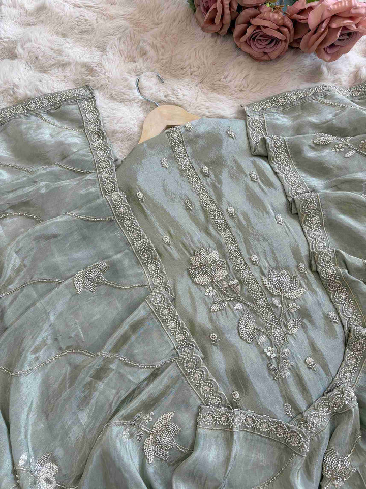 Shimmer Tissue Partywear Unstitched suits with dabka and cutdana work - The Zareesh