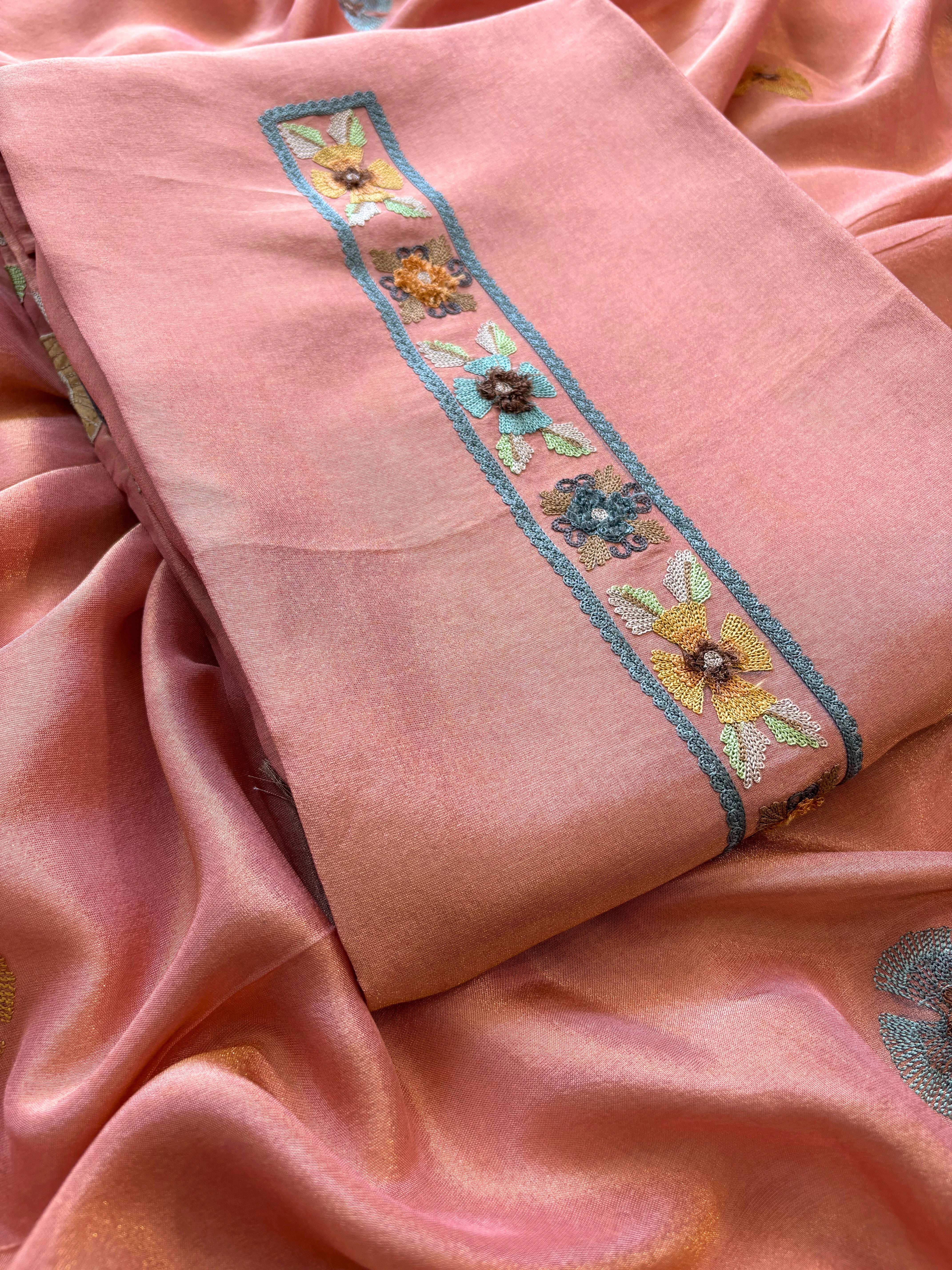 peach shimmer organza with kashida work and kiran lace highlighting