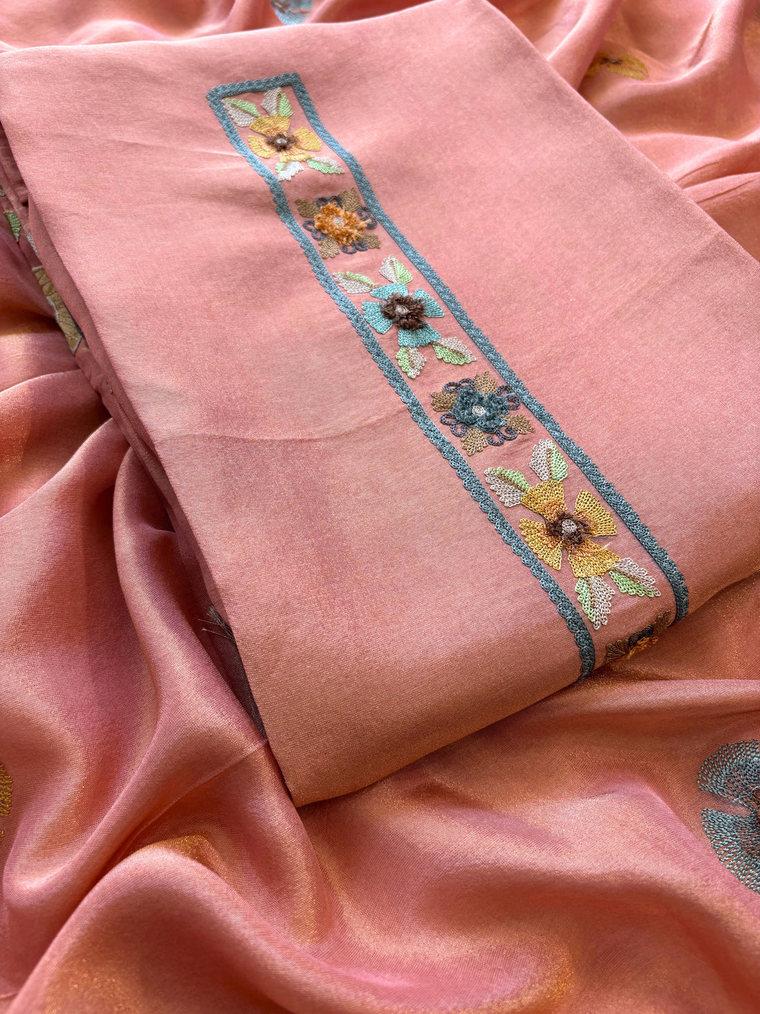 peach shimmer organza with kashida work and kiran lace highlighting