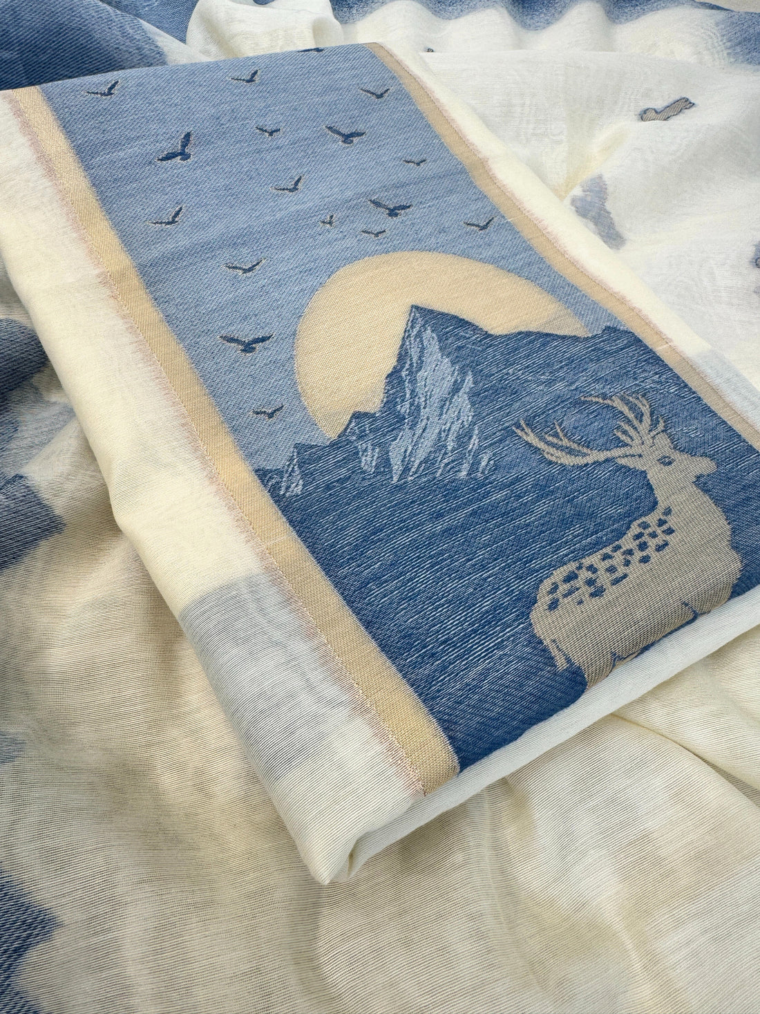 Scenic Blue & Ivory Jamdaani Suit with Mountain & Deer Motif – Artistic Ethnic Wear