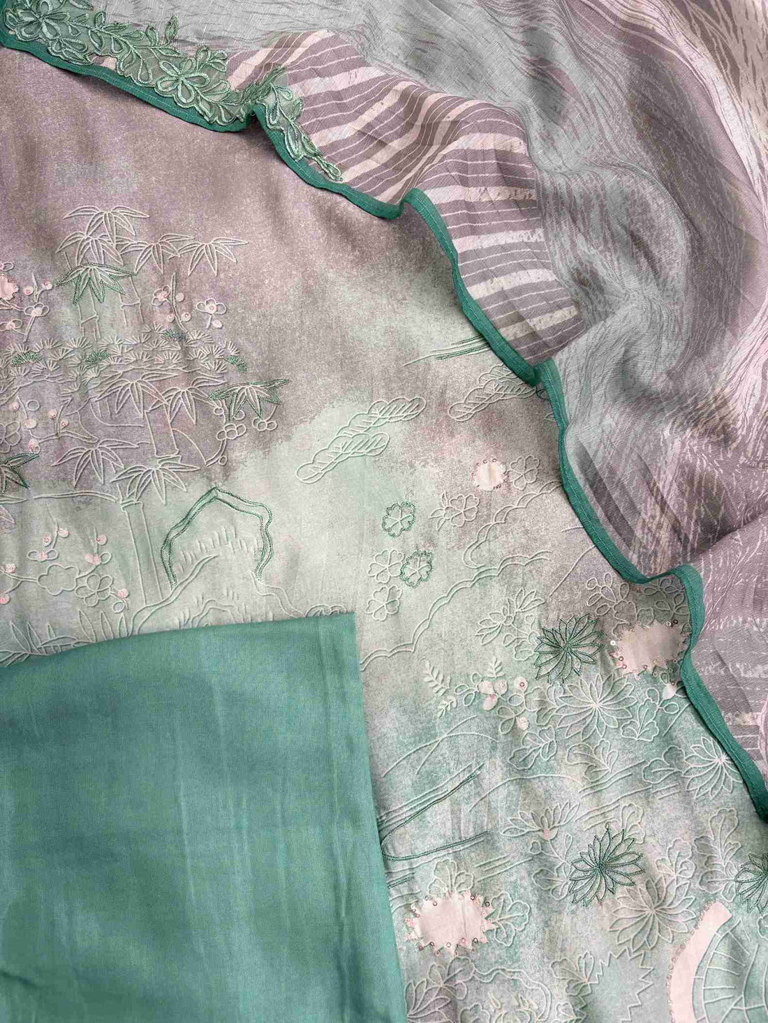 Grey Green Pure Muslin Digital Print Handwork Unstitched Suit Set
