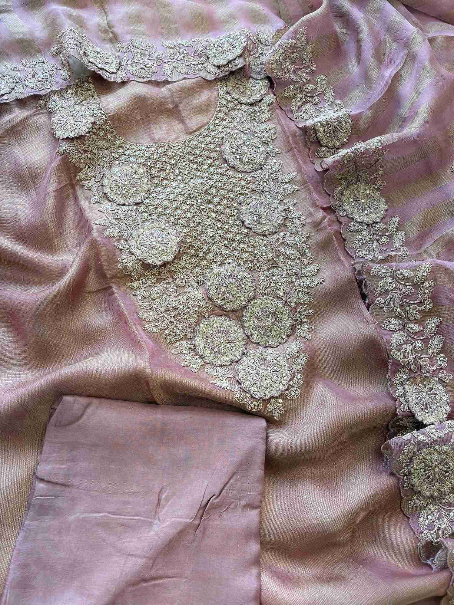 Tissue Unstitched Suit with Heavy Dori Work Neckline and Hemline