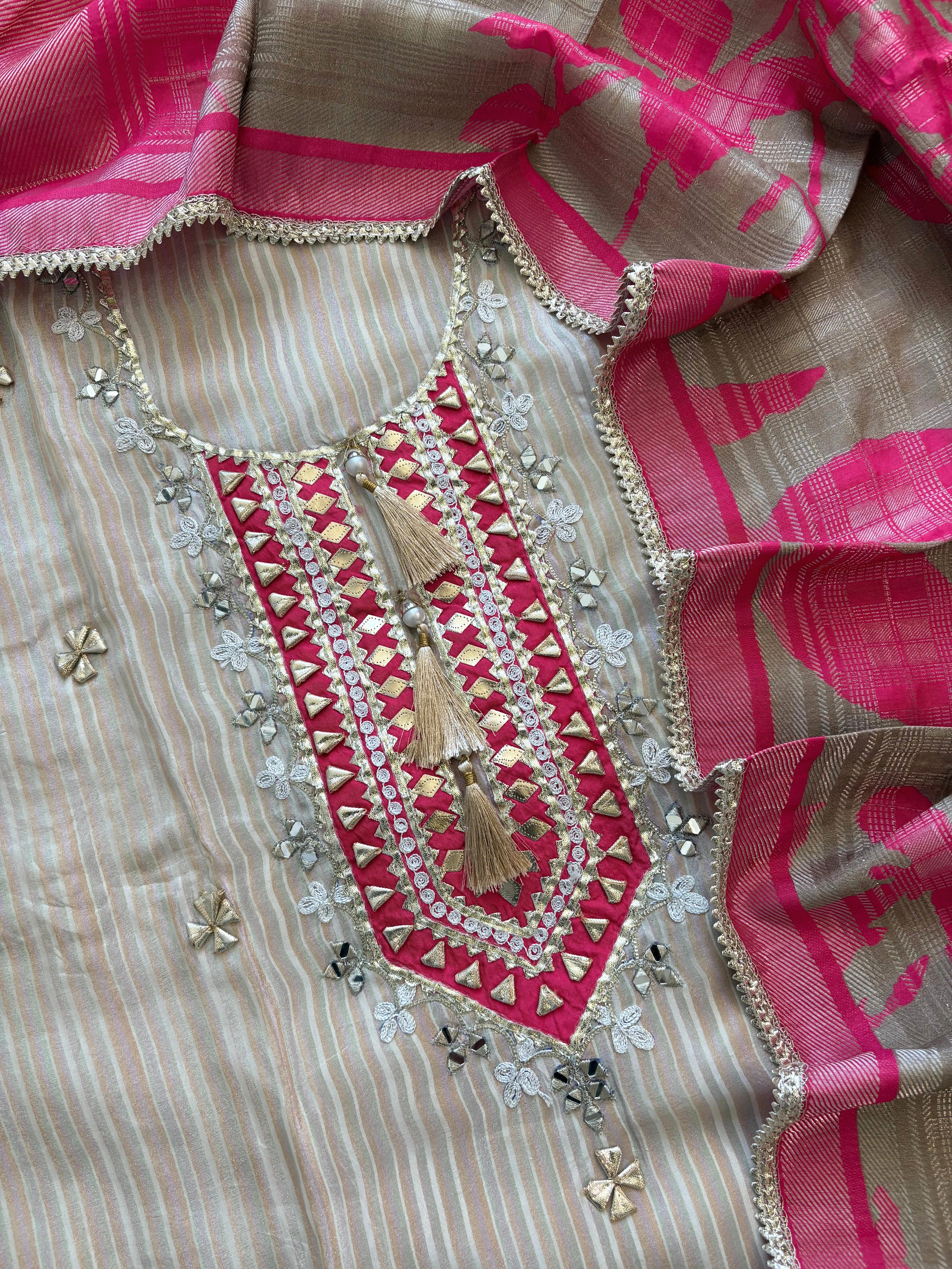 Beige & Pink Shimmer Organza Suit with Gotta Patti Embroidery