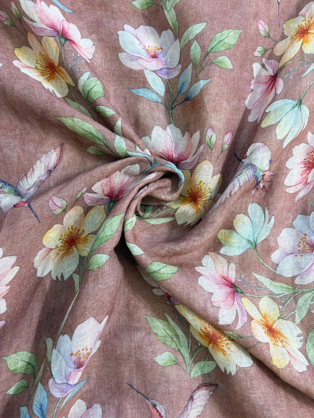 Rosewood linen suit with minimal white thread embroidery on kurta and floral digital printed dupatta, perfect for summer events and festive daywear.