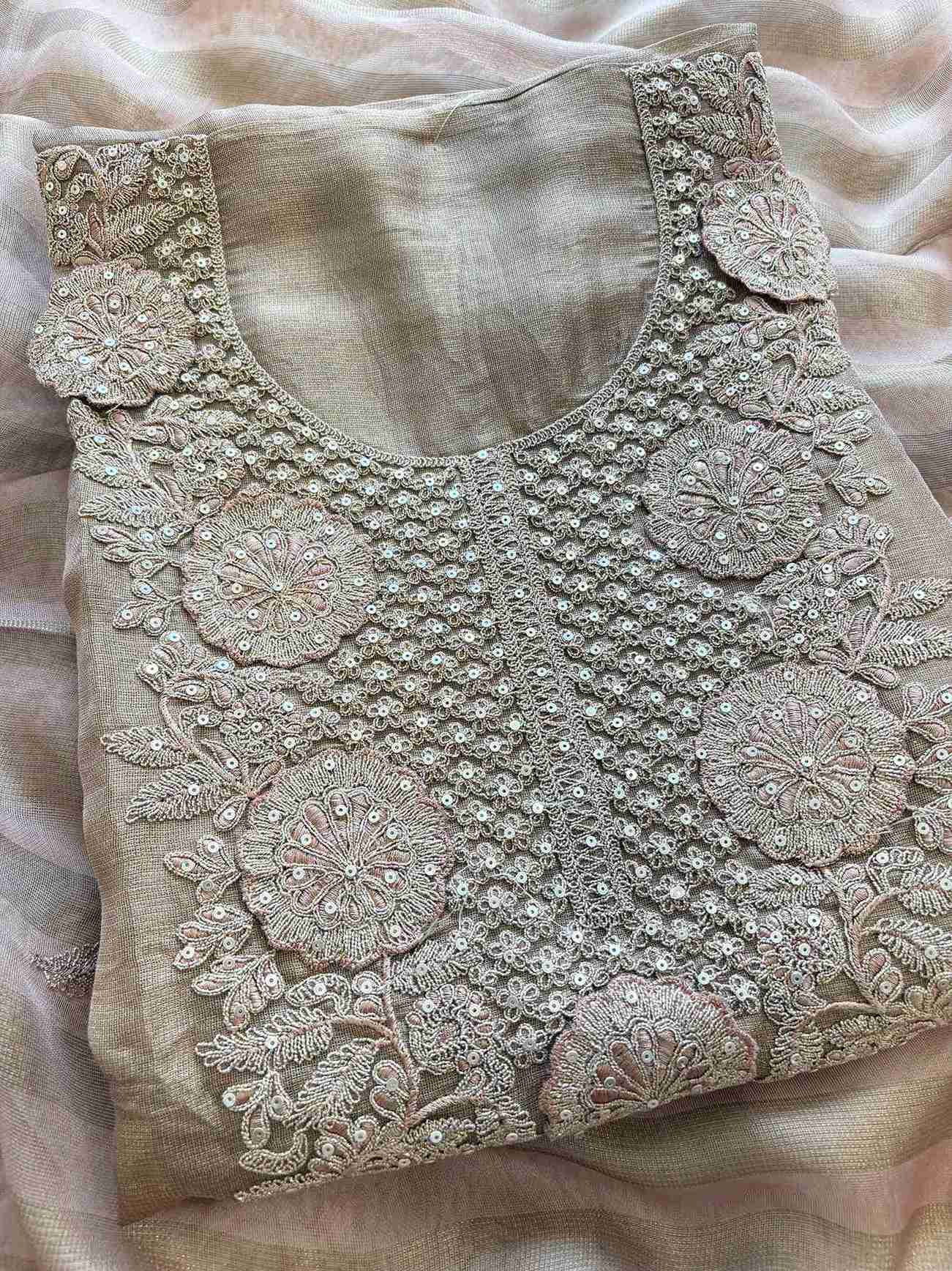 Tissue Unstitched Suit with Heavy Dori Work Neckline and Hemline