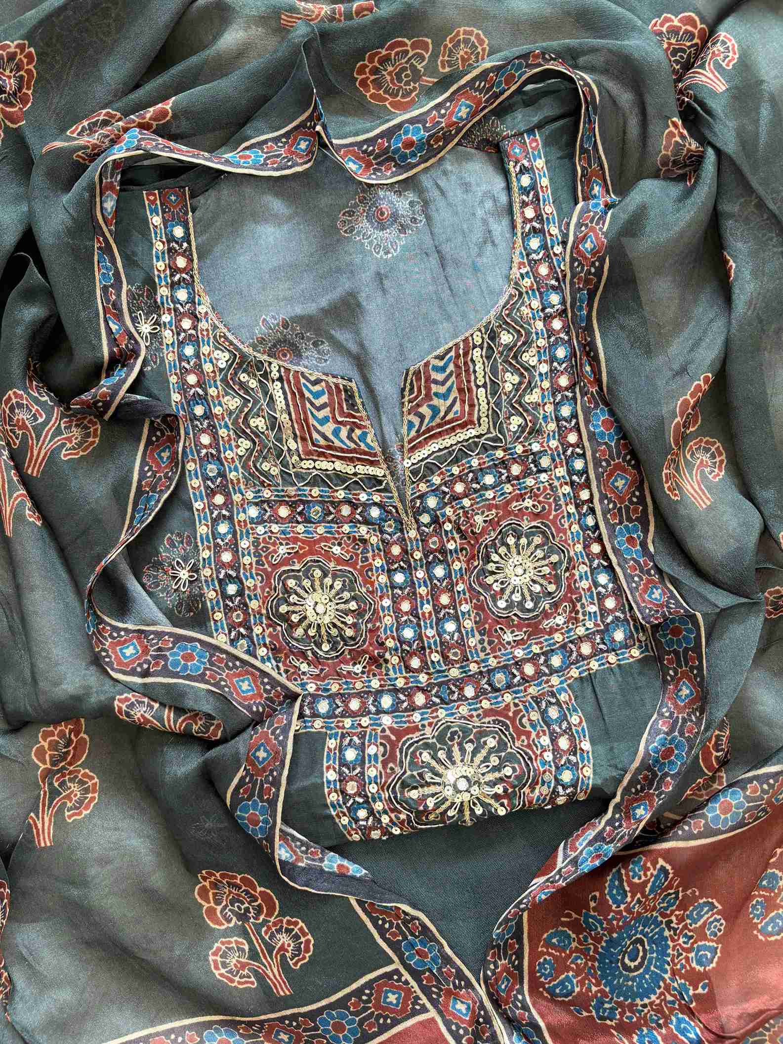 Pure Crepe Ajrakh Printed unstitched suit - The Zareesh