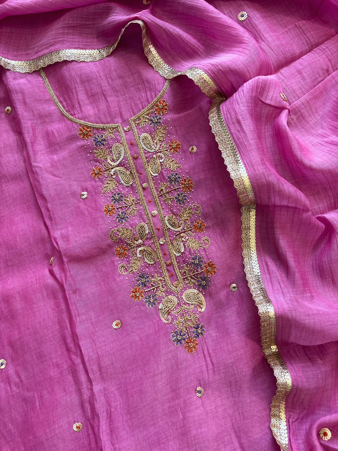 Elegant Pink Mal Cotton Suit with Bead Embellished Neckline