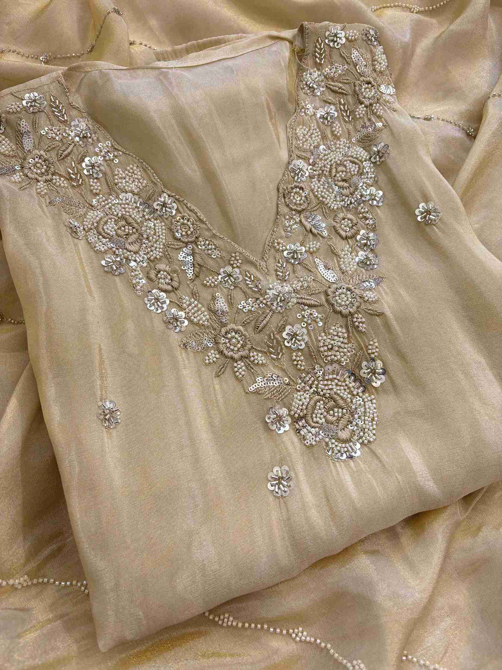 Shimmer Tissue Partywear Unstitched suits with dabka and cutdana work - The Zareesh