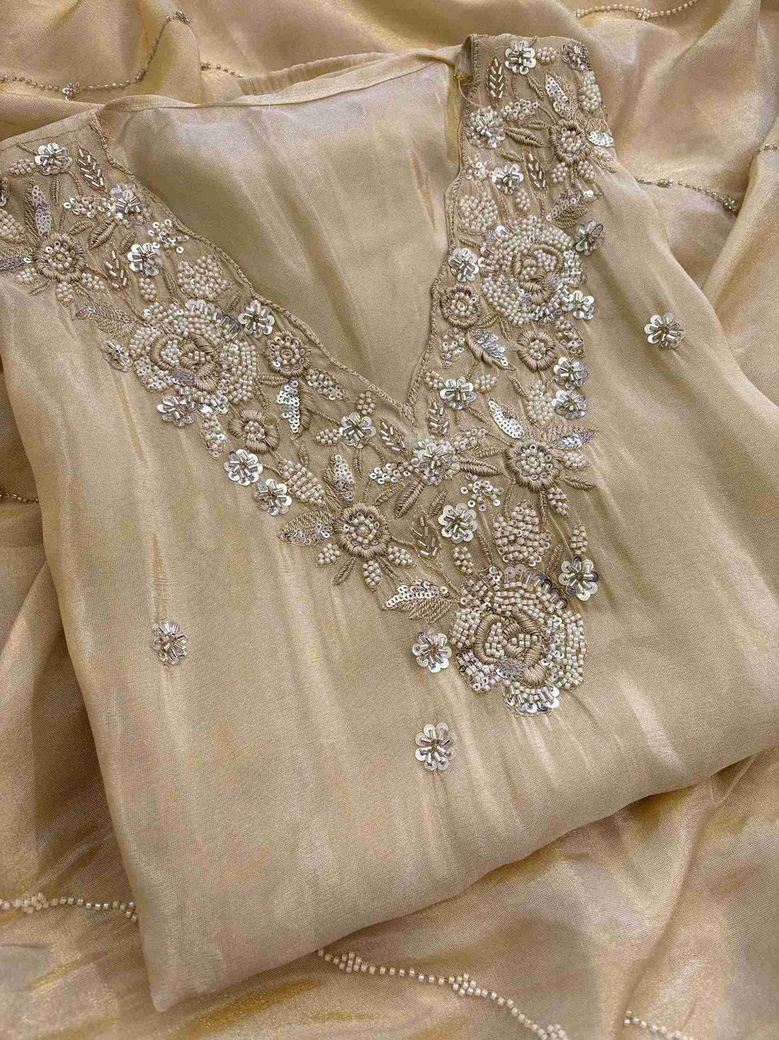 Shimmer Tissue Partywear Unstitched suits with dabka and cutdana work - The Zareesh