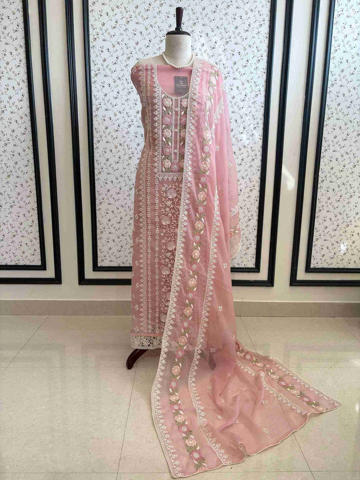 Crushed Pink Chiffon Unstitched Suit - The Zareesh
