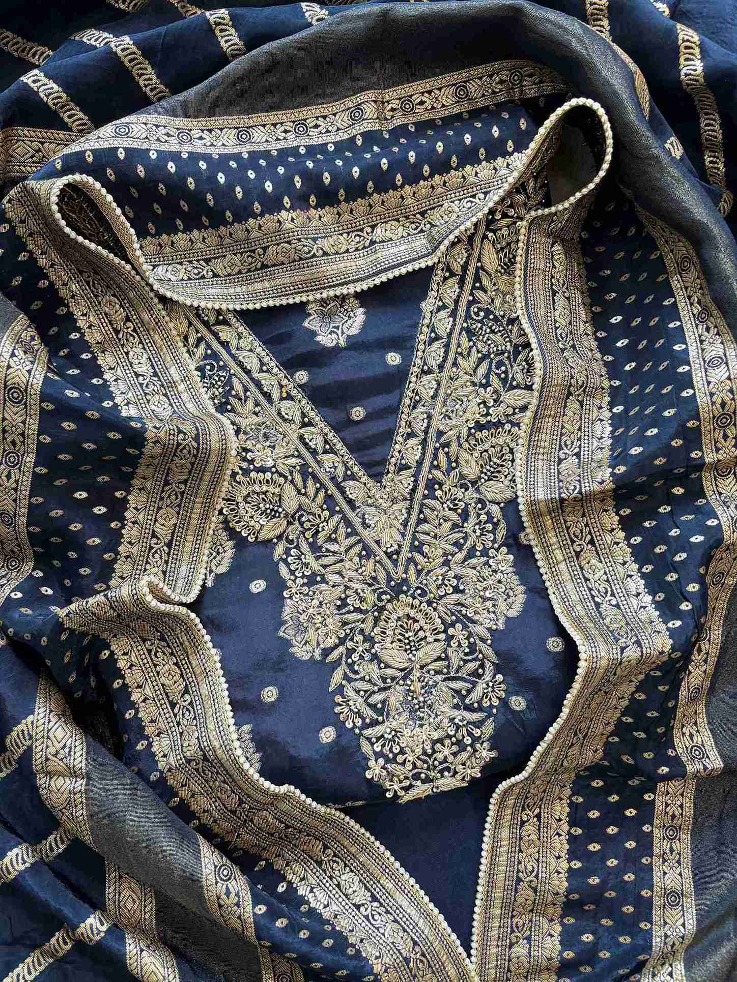 satin organza blue unstitched suit with V shape zardozi neckline