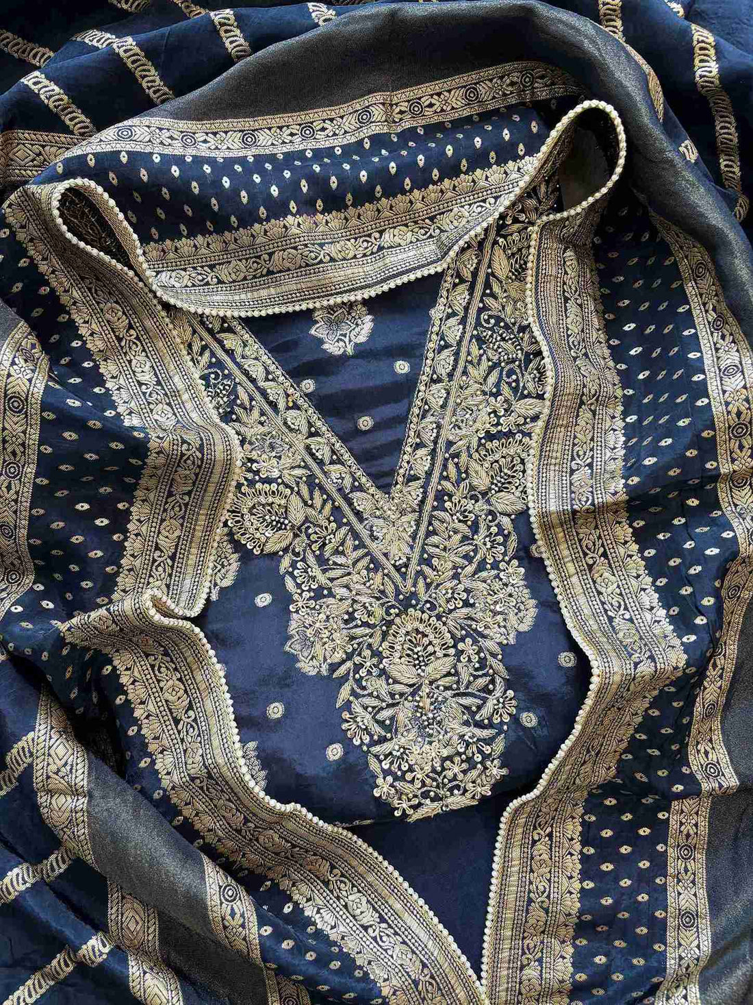 satin organza blue unstitched suit with V shape zardozi neckline