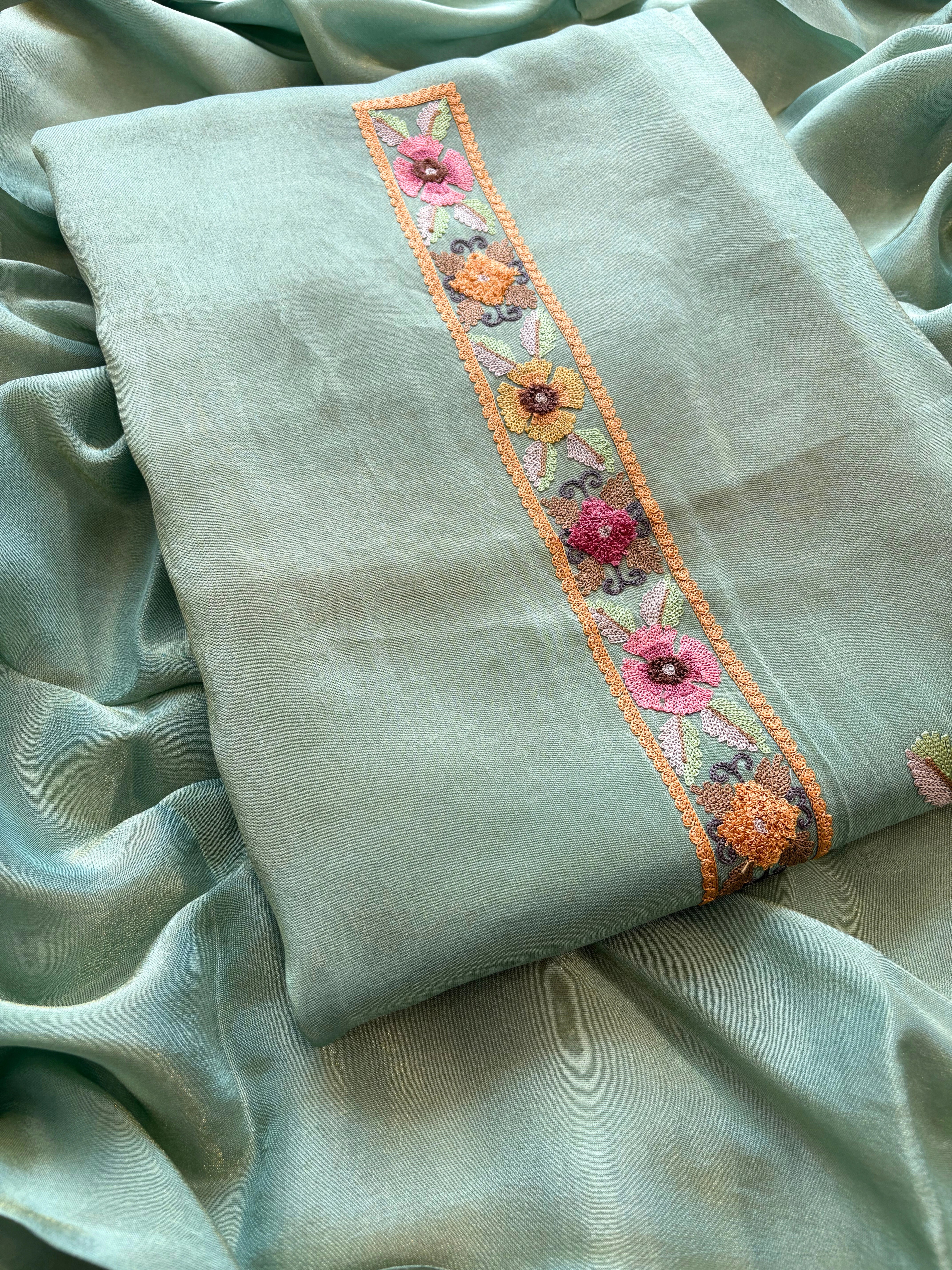 aqua green shimmer organza with kashida work and kiran lace highlighting