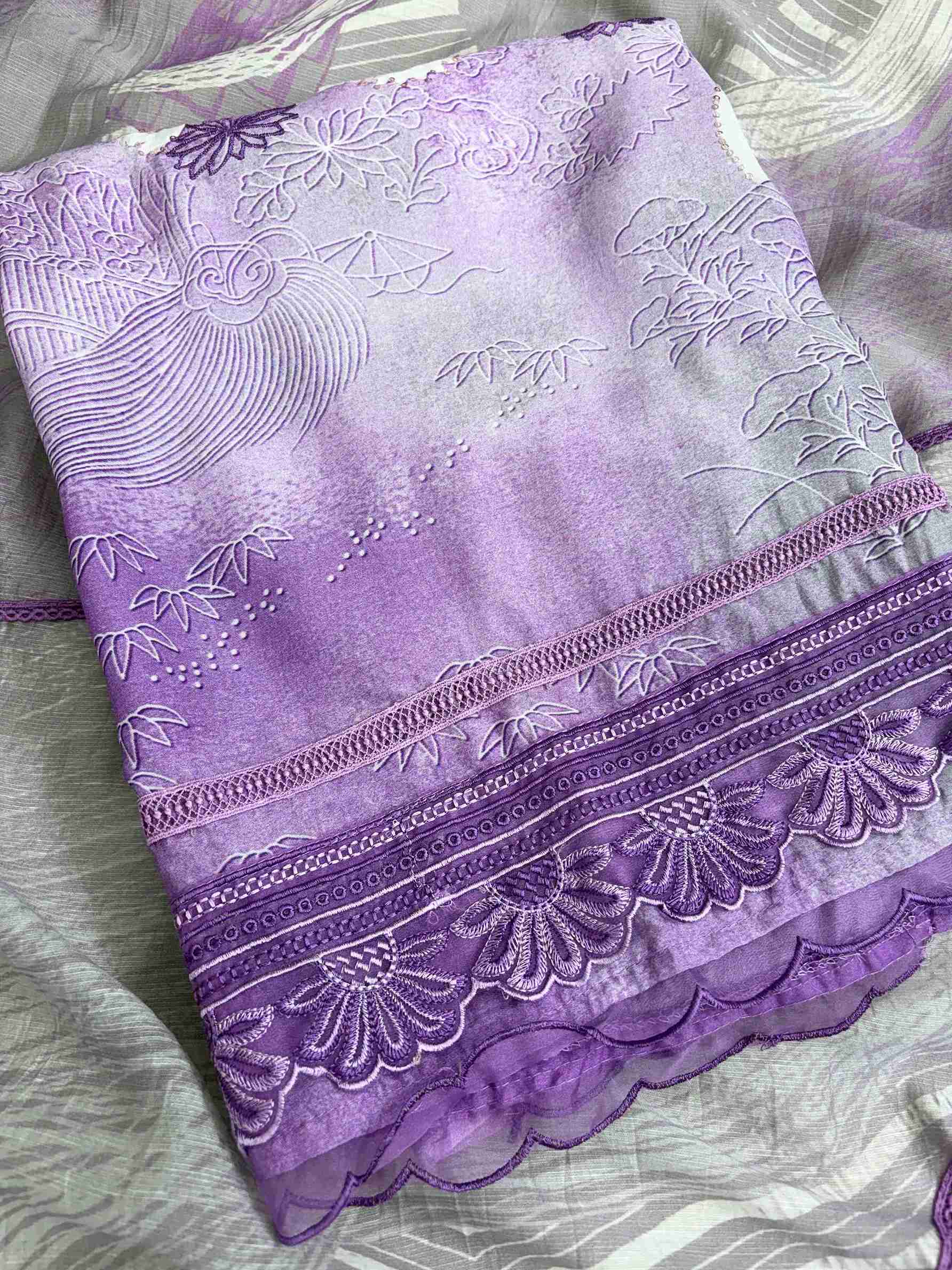 Grey Lavendar Pure Muslin Digital Print Handwork Unstitched Suit Set