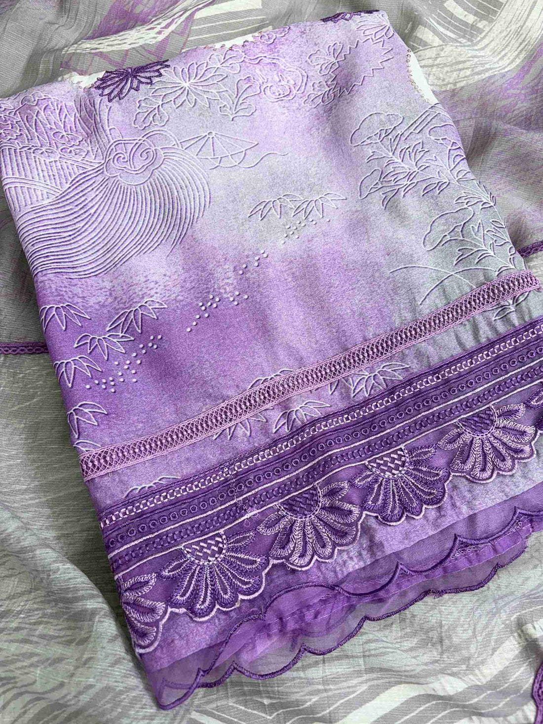 Grey Lavendar Pure Muslin Digital Print Handwork Unstitched Suit Set