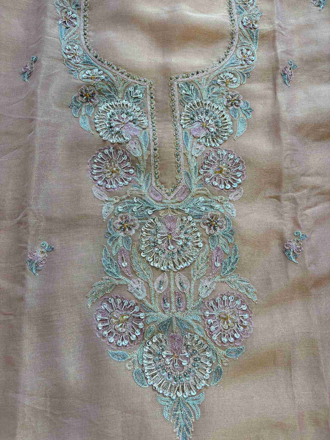 Peach Shimmer Tissue Embroidered Unstitched Suit Set with Organza Dupatta