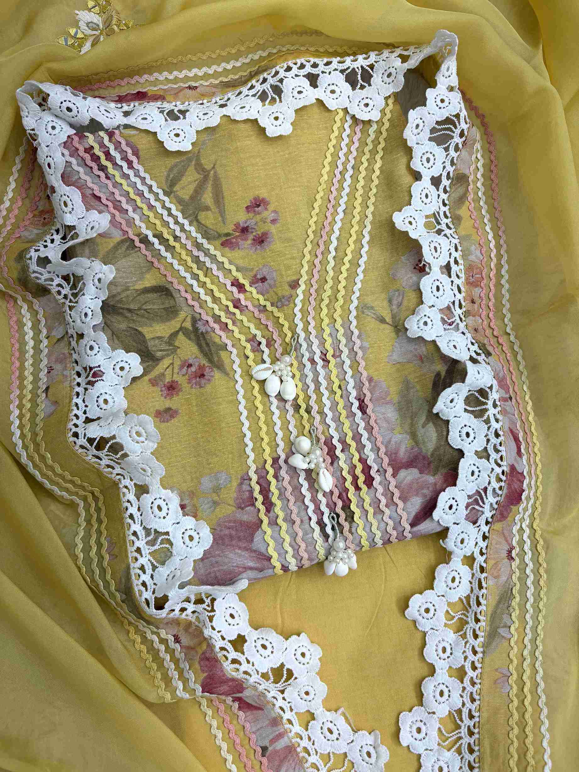Haya-e-Bahar: Pastel Yellow Floral Linen Suit with Lace Detailing Organza Dupatta