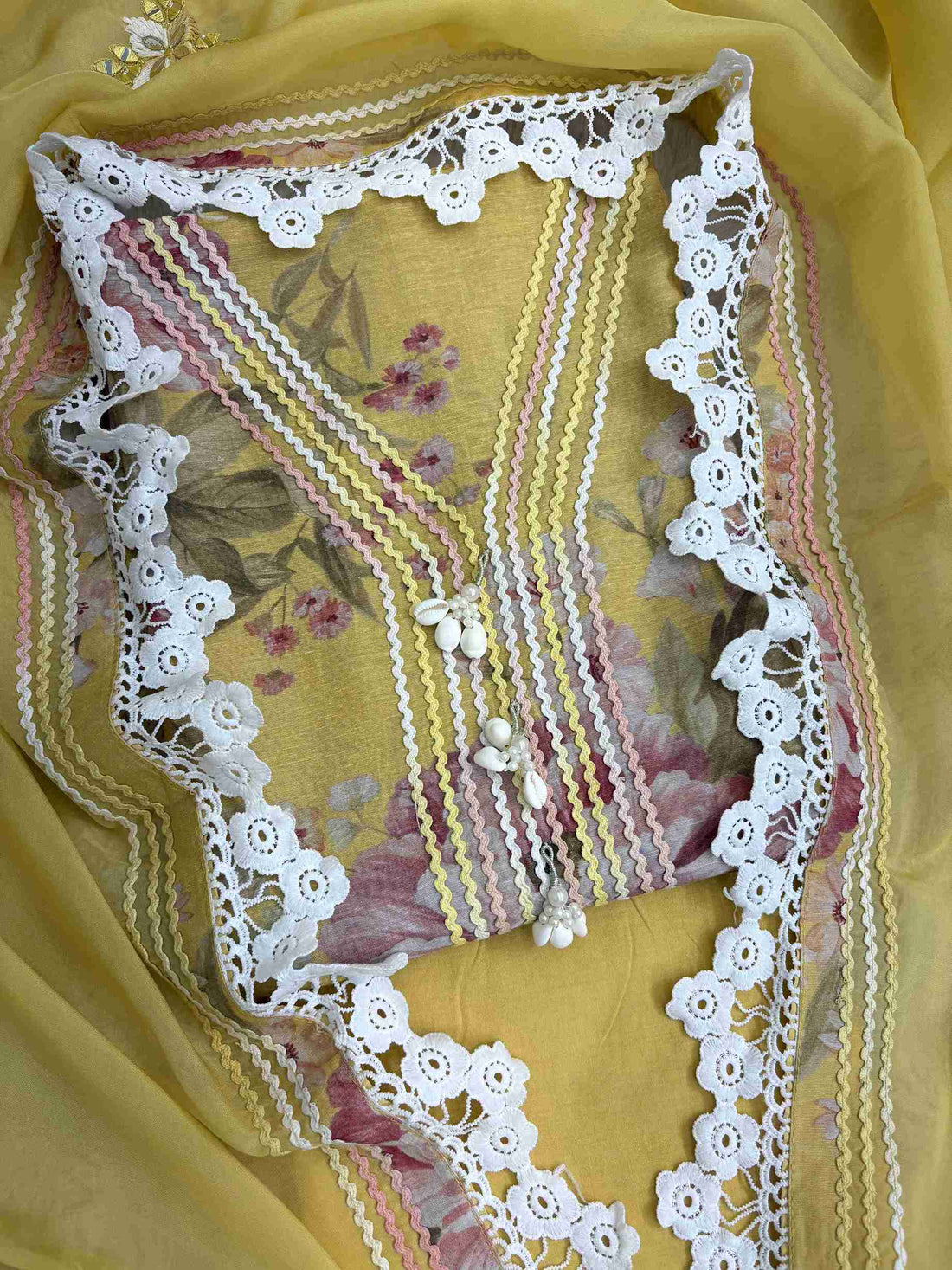 Haya-e-Bahar: Pastel Yellow Floral Linen Suit with Lace Detailing Organza Dupatta
