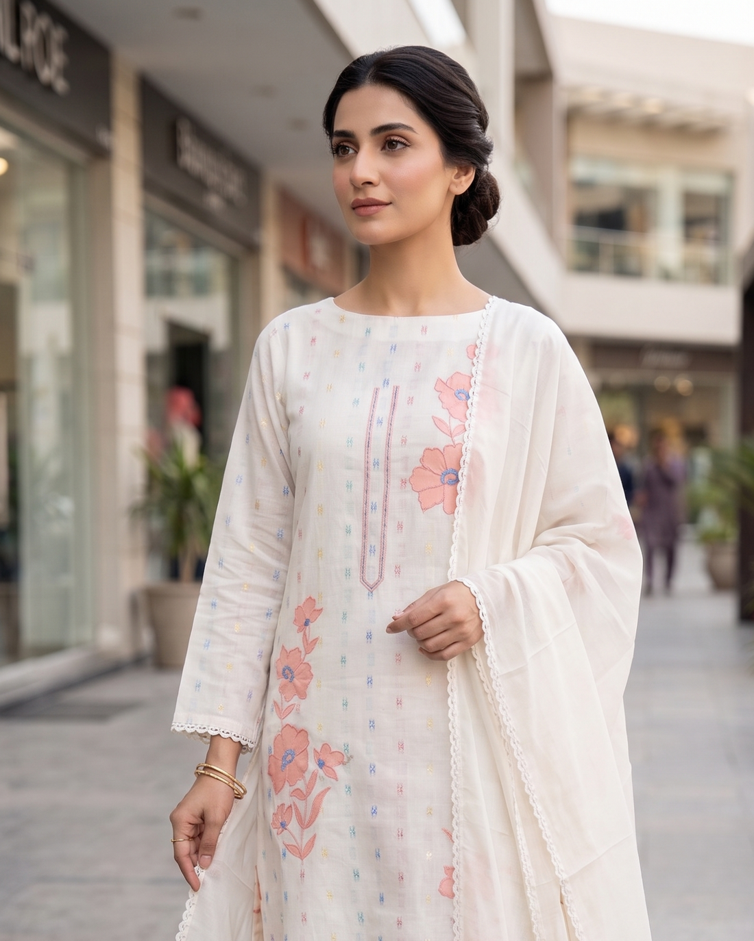 Off-White Pure Cotton Unstitched Suit | All-Over Multicolor Woven Booties | Pink Applique Floral Patches & Scalloped Lace Dupatta Women's Suit