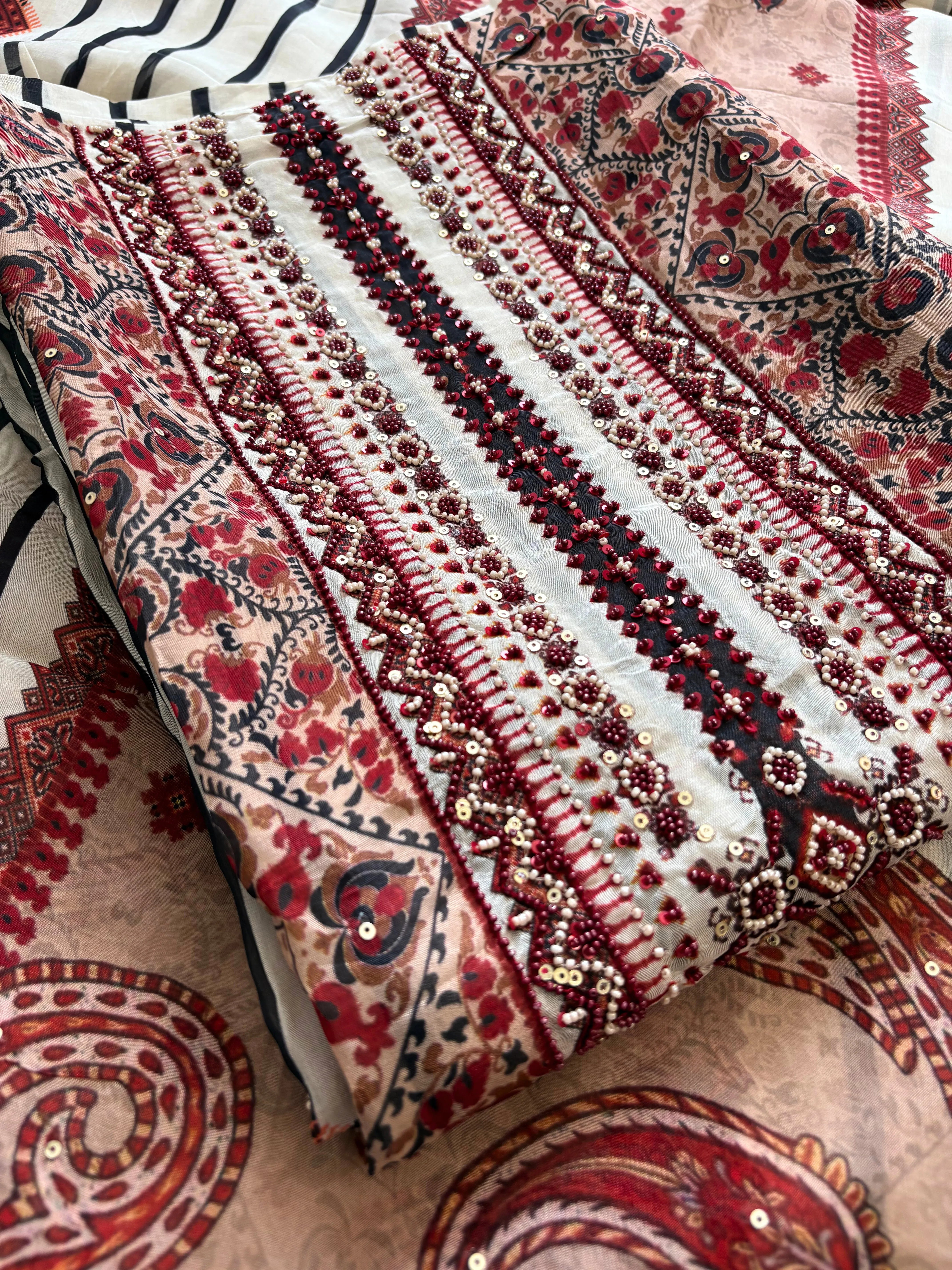 Black and white satin organza unstitched suits for ladies