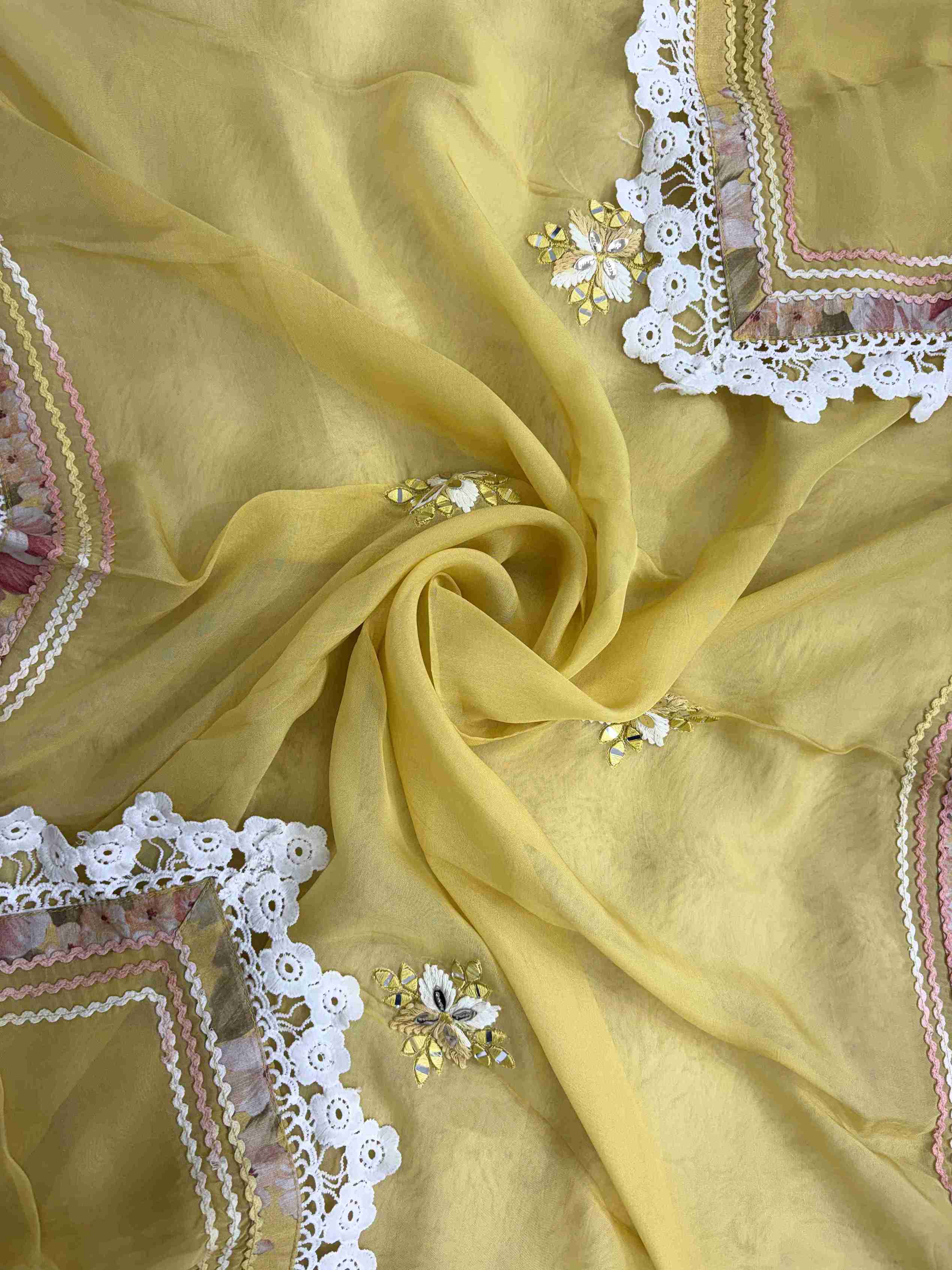 Haya-e-Bahar: Pastel Yellow Floral Linen Suit with Lace Detailing Organza Dupatta