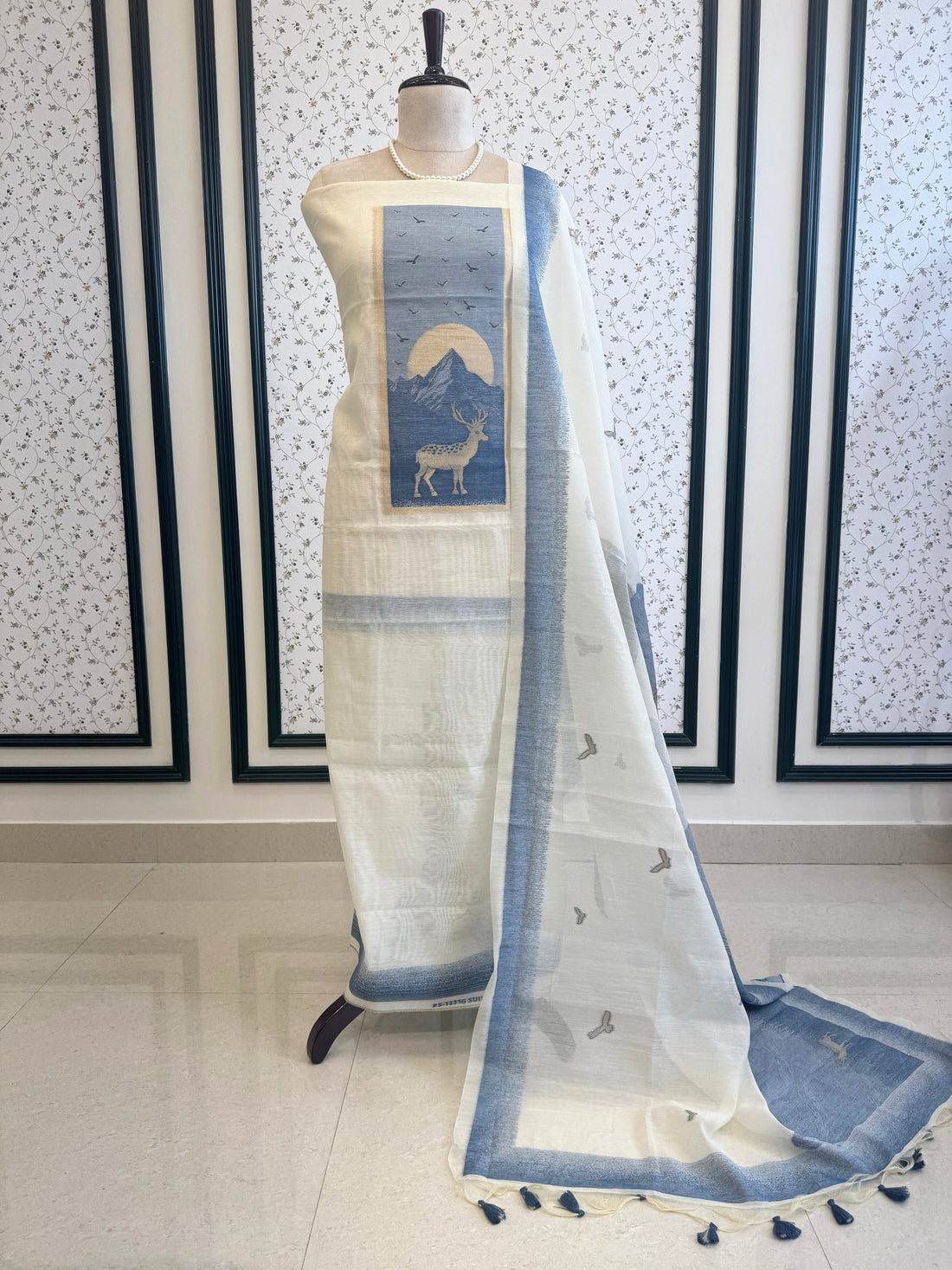 Scenic Blue & Ivory Jamdaani Suit with Mountain & Deer Motif – Artistic Ethnic Wear