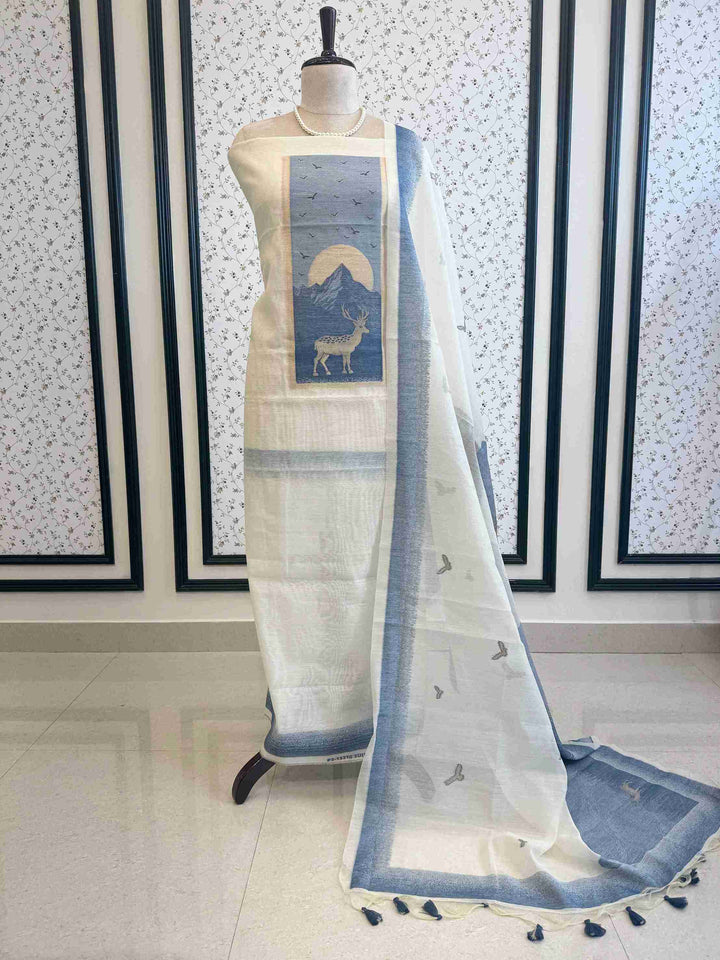 cotton linen unstitched suit with jaamdani weaving