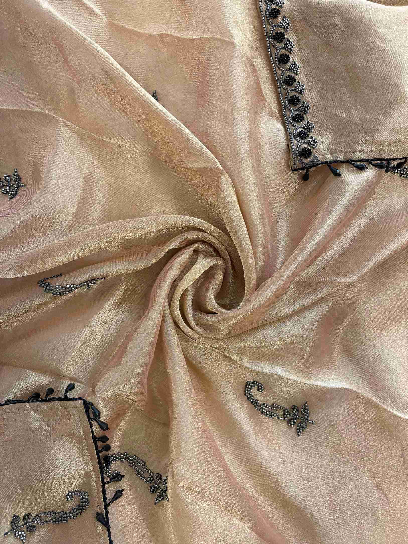 Copper Beige Giraffe Tissue Unstitched Suit with Black and Silver Cutdana Beads Work