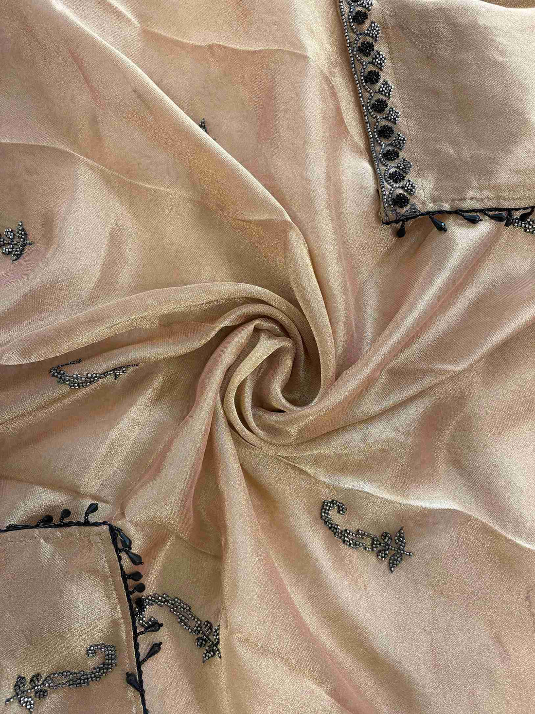 Copper Beige Giraffe Tissue Unstitched Suit with Black and Silver Cutdana Beads Work