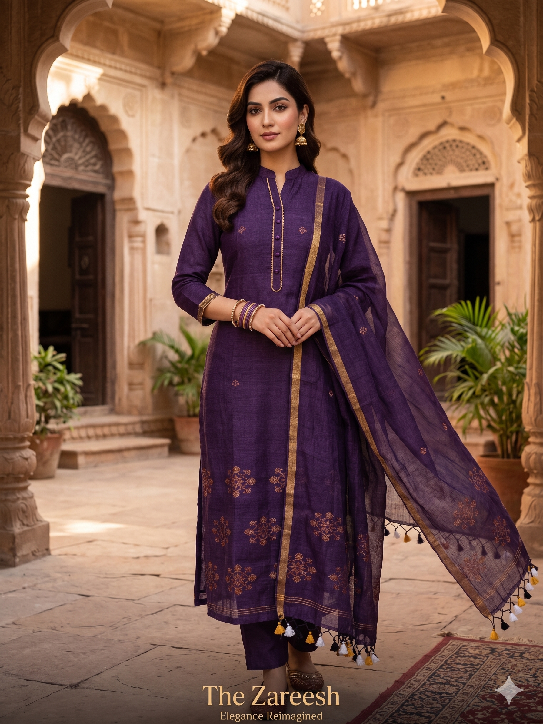 Model wearing complete purple pure handloom linen unstitched 2-piece suit with shirt and dupatta showing golden floral cluster motifs