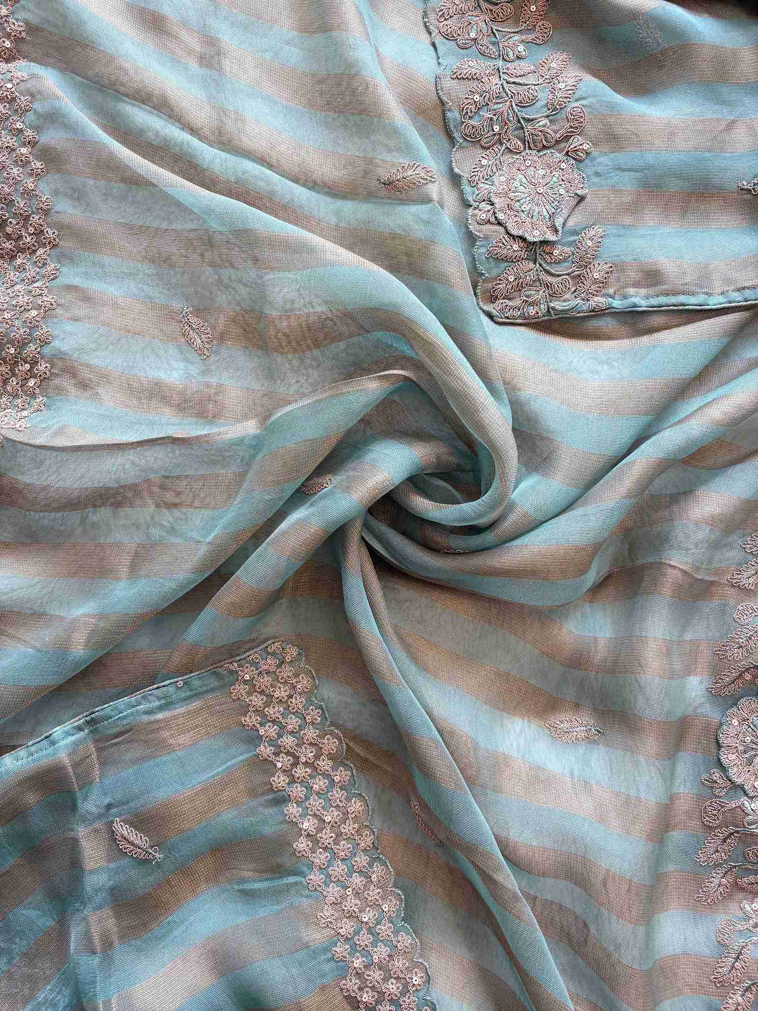 Tissue Unstitched Suit with Heavy Dori Work Neckline and Hemline
