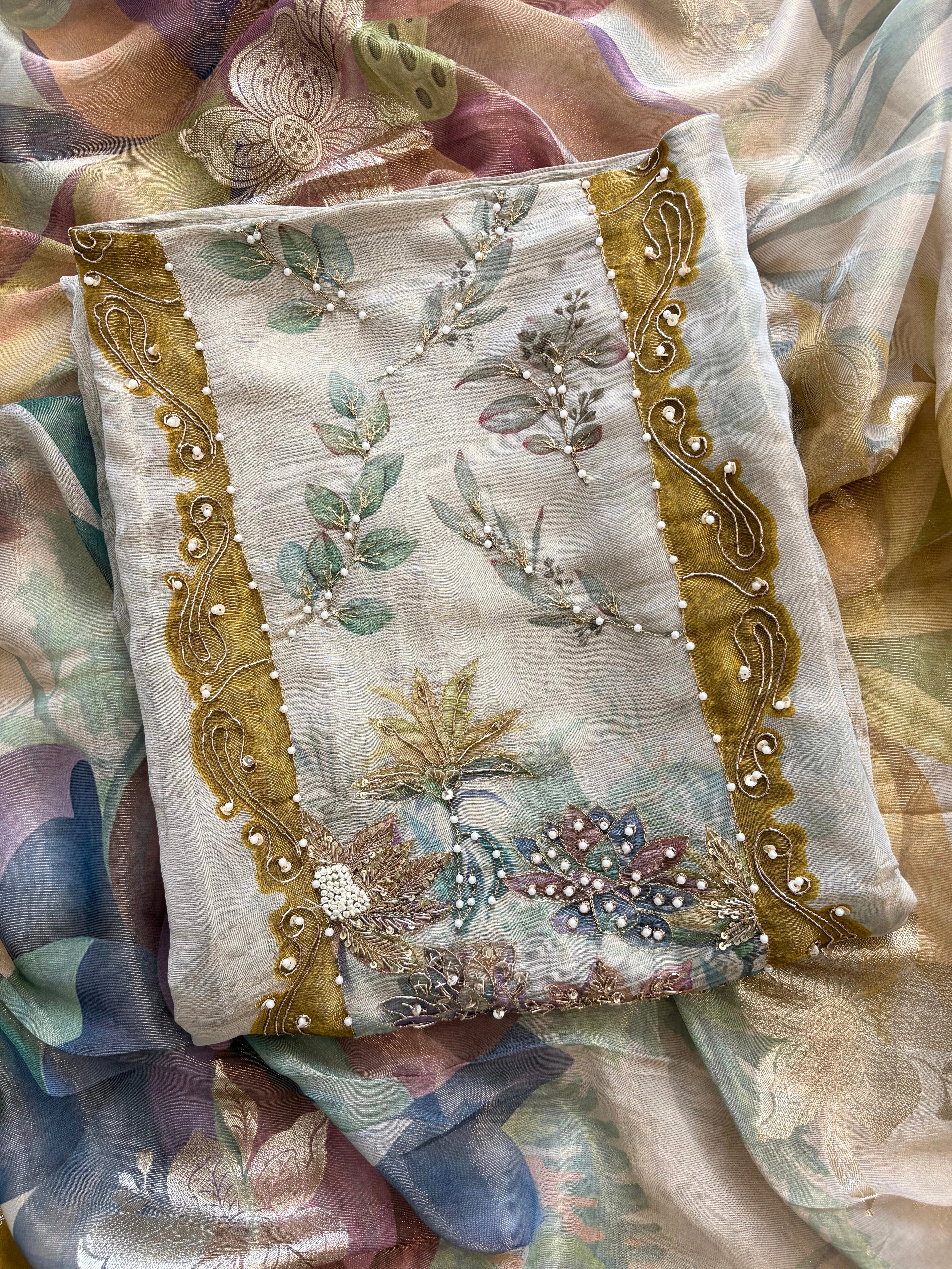 Designer Beige Organza Suit with multicolor dupatta for Festive Wear  | Party Wear