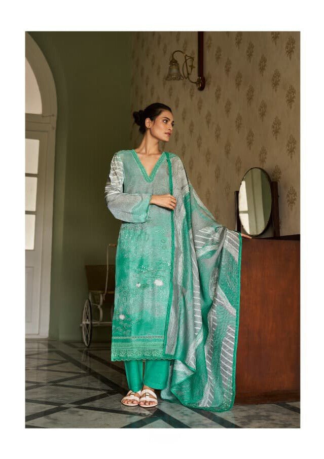 Grey Green Pure Muslin Digital Print Handwork Unstitched Suit Set