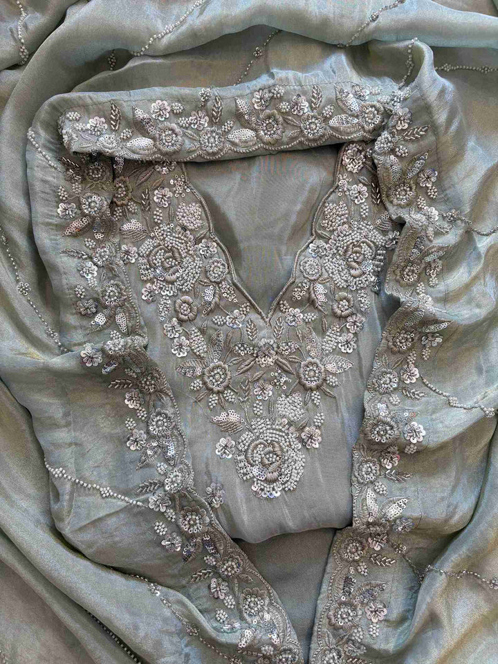 Shimmer Tissue Partywear Unstitched suits with dabka and cutdana work - The Zareesh