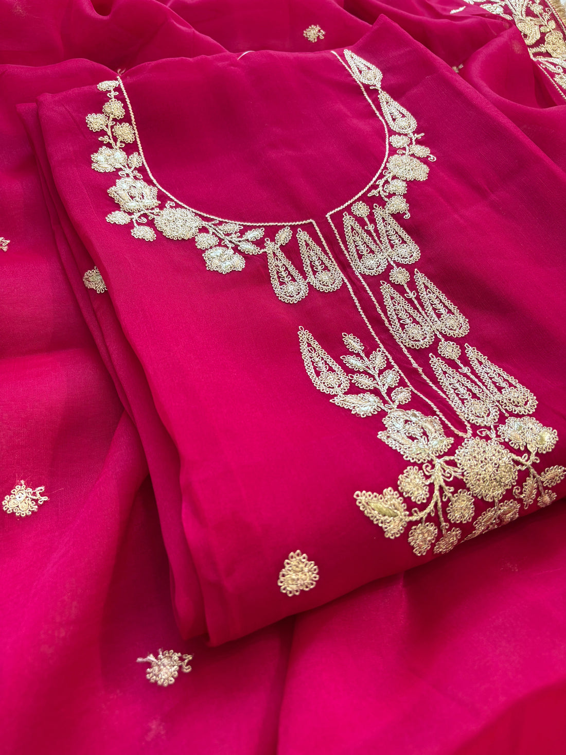 Hot Pink Organza Unstitched Suit with dabka Embroidery Dupatta - Festive & Wedding Wear