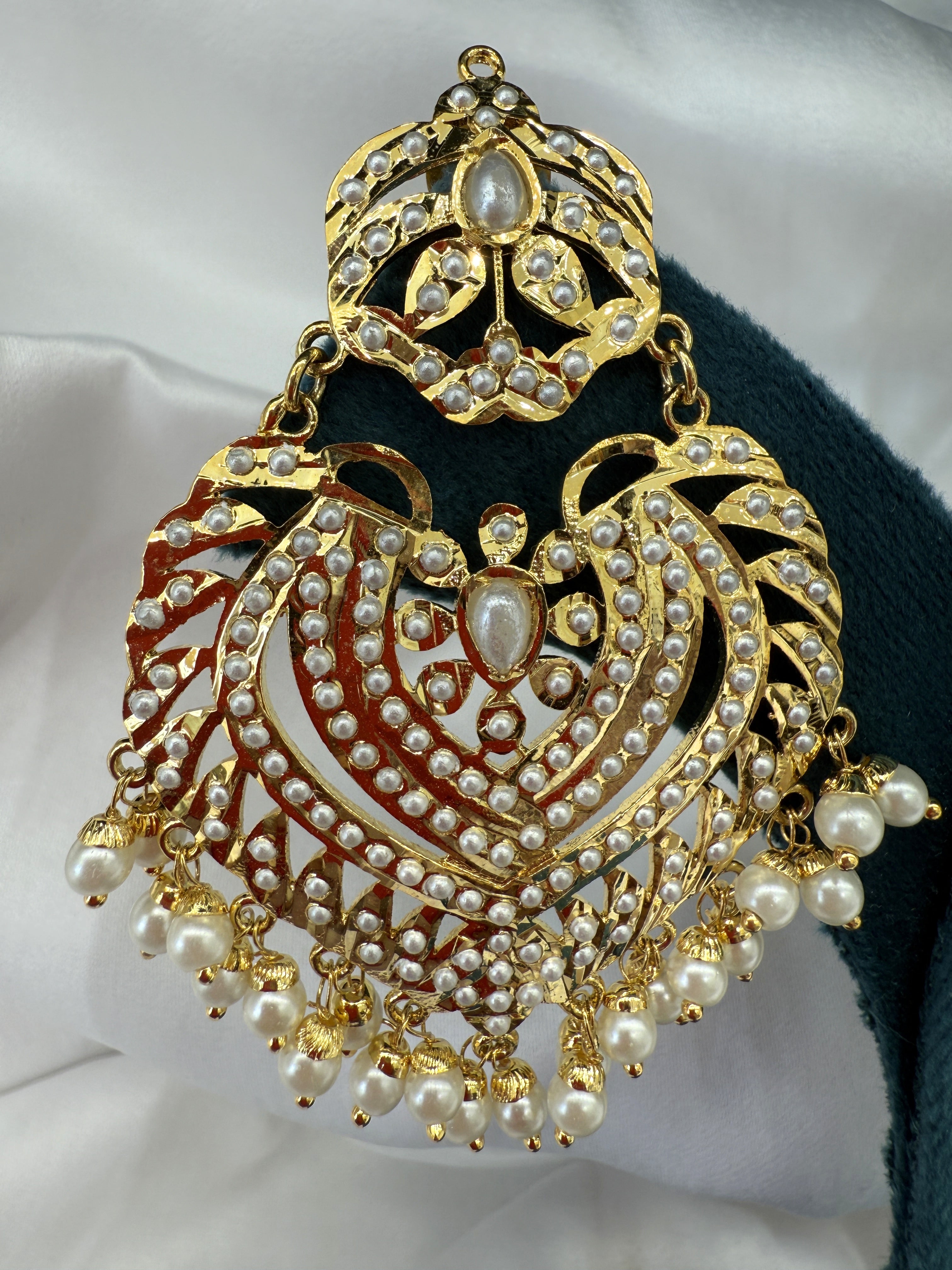 Gold Polish Jadau style Chandbali Earrings with Pearl Drops