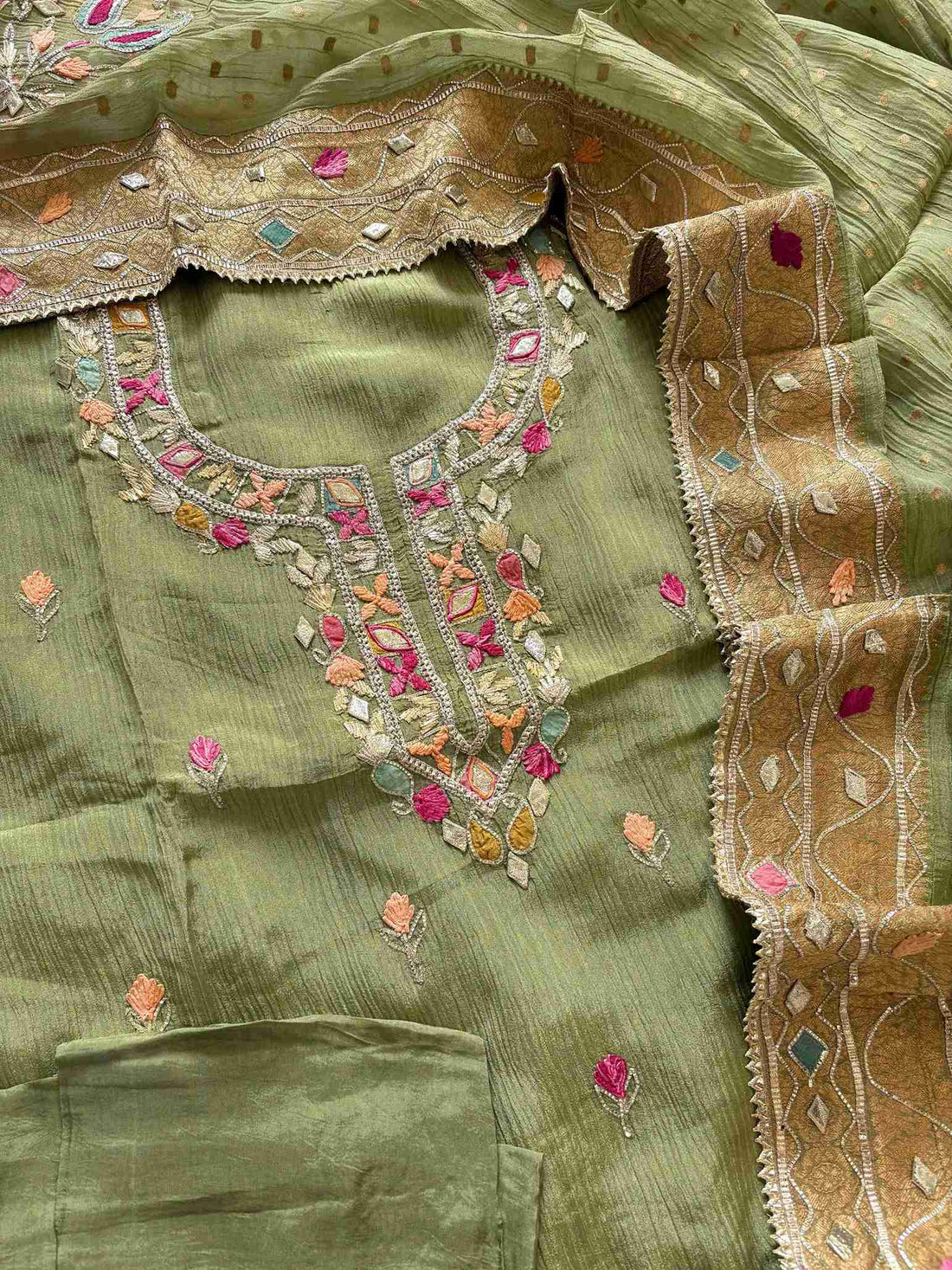 Pure  Crushed Tissue Heavy Gota Work Unstitched Suit - The Zareesh