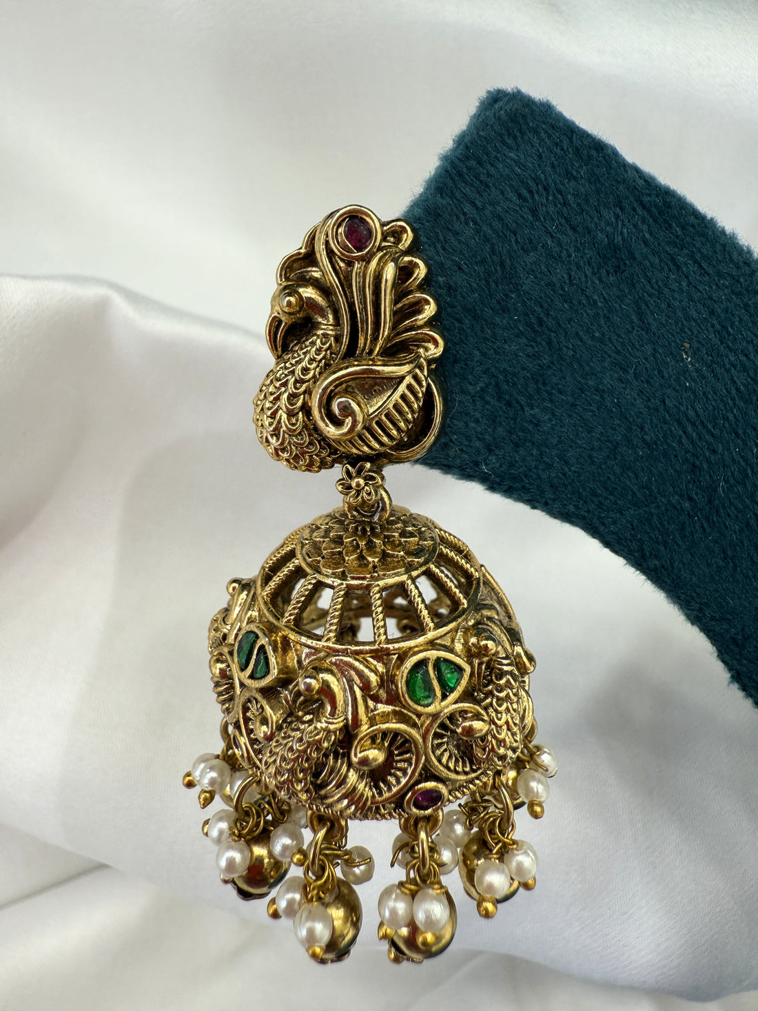 Antique Gold-Tone Peacock Temple Jhumka Earrings with Cut-Work Dome and Pearl Bead Drops