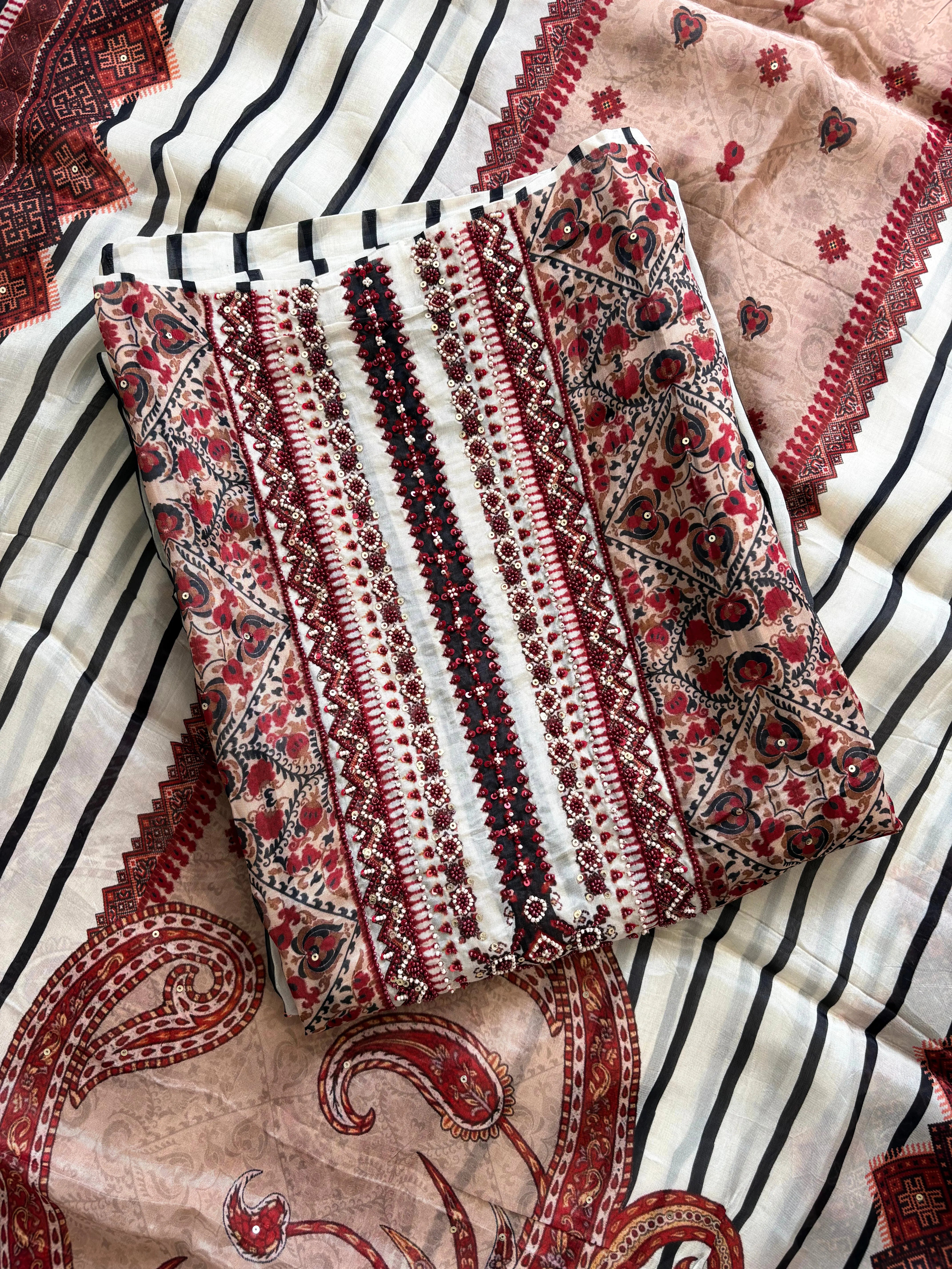 Black and white satin organza unstitched suits for ladies