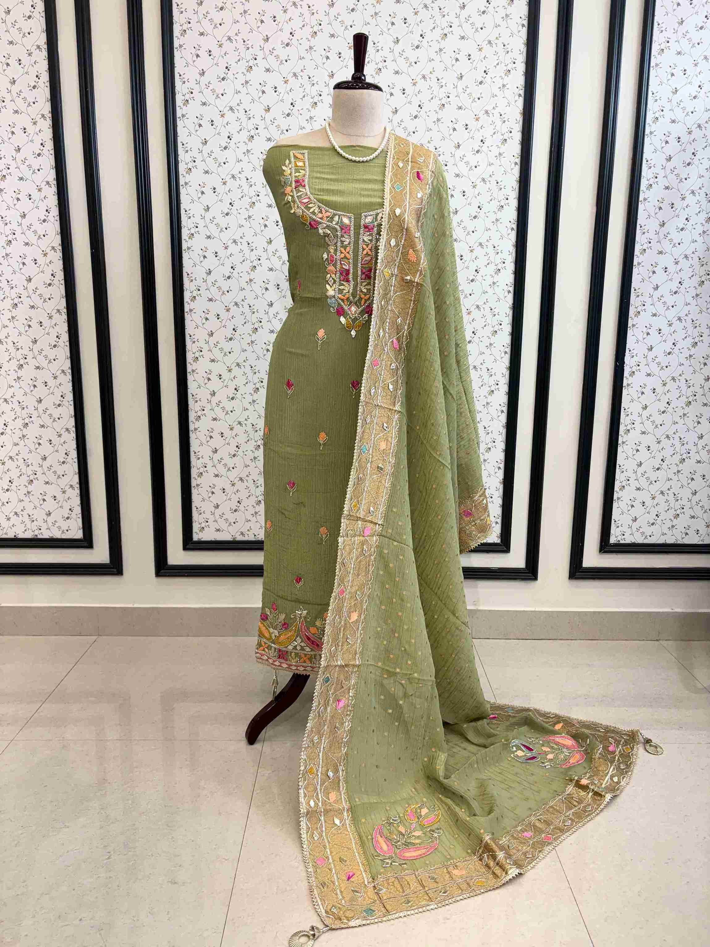 Pure  Crushed Tissue Heavy Gota Work Unstitched Suit - The Zareesh
