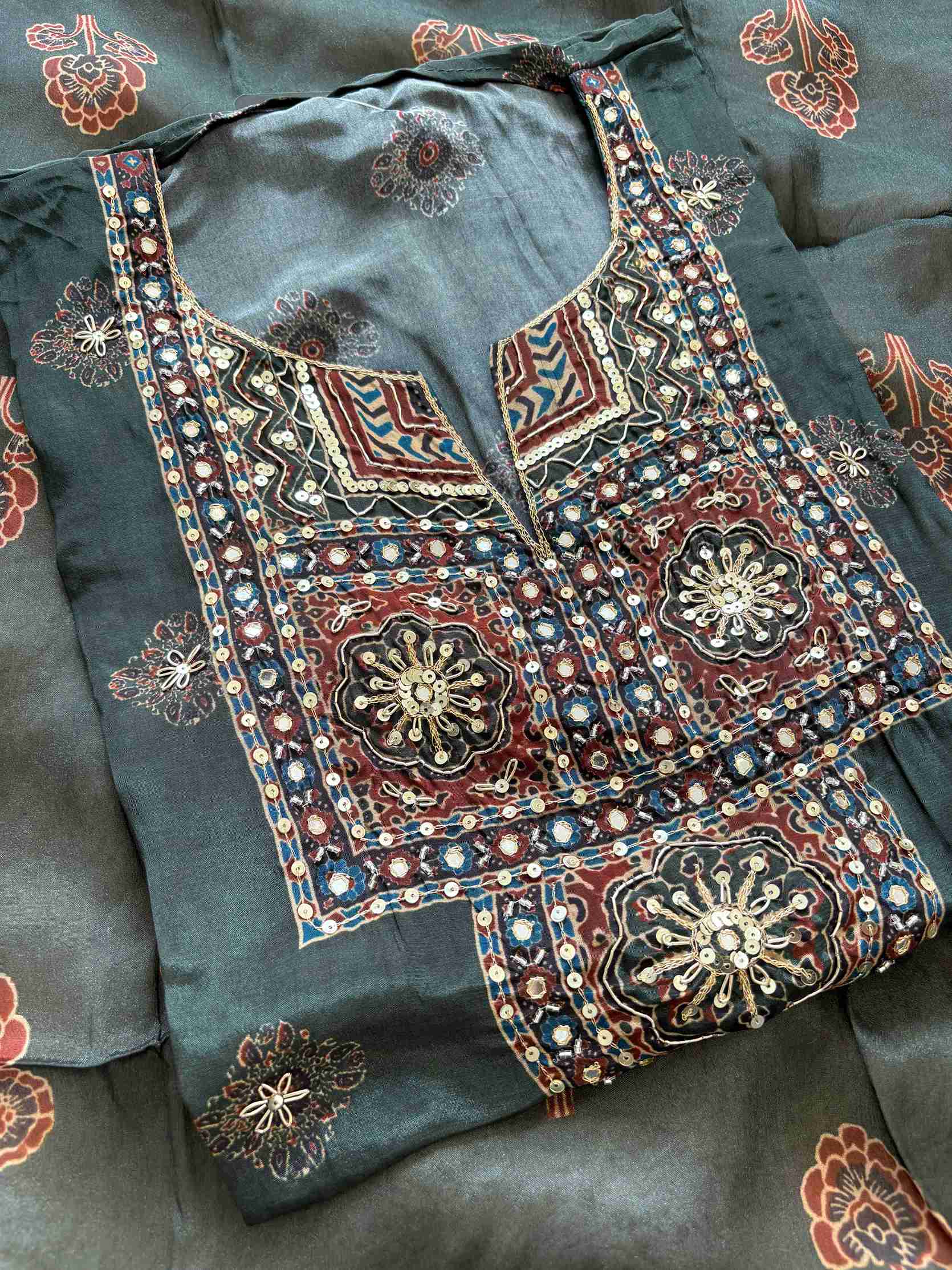 Pure Crepe Ajrakh Printed unstitched suit - The Zareesh