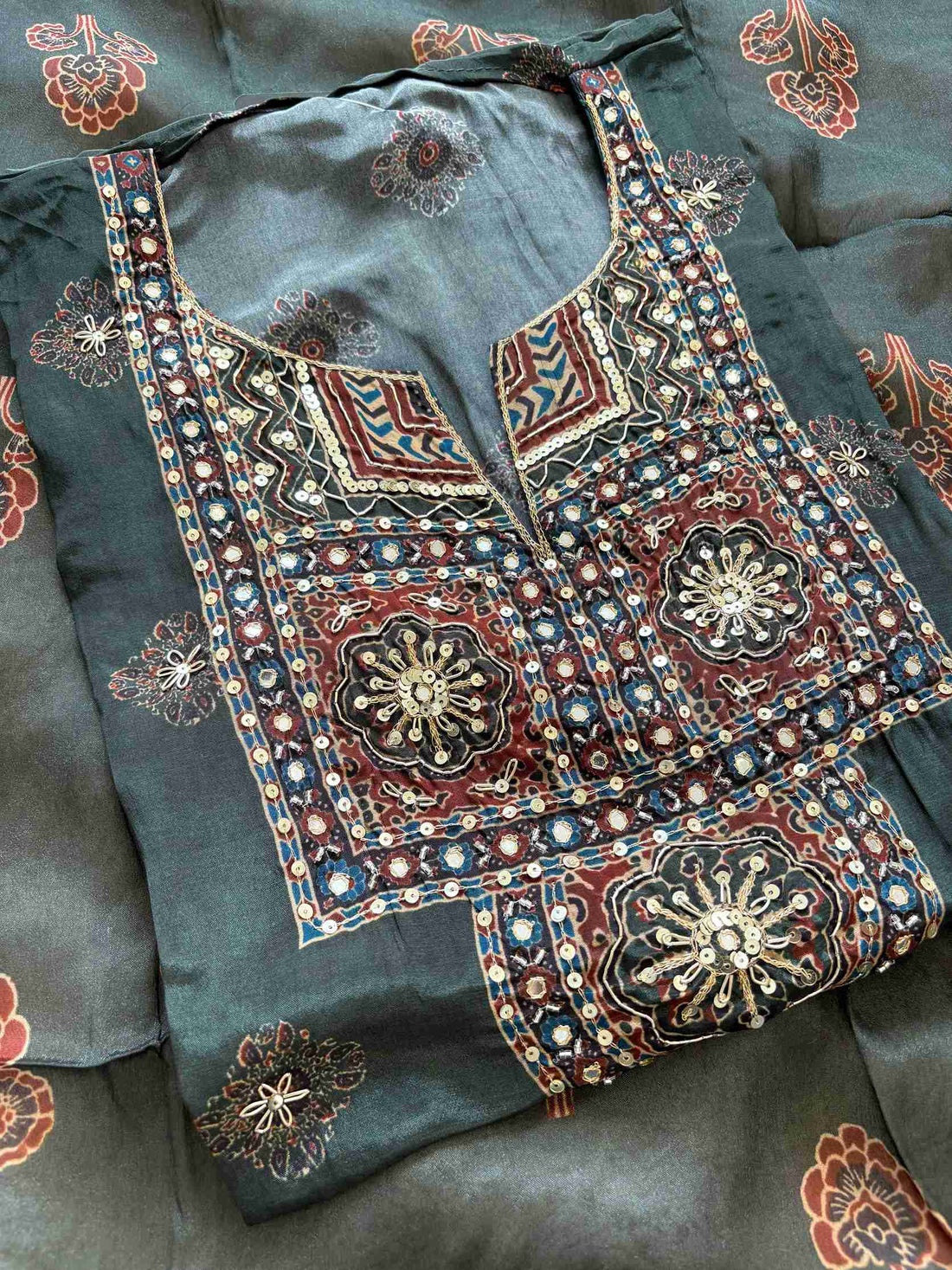 Pure Crepe Ajrakh Printed unstitched suit - The Zareesh